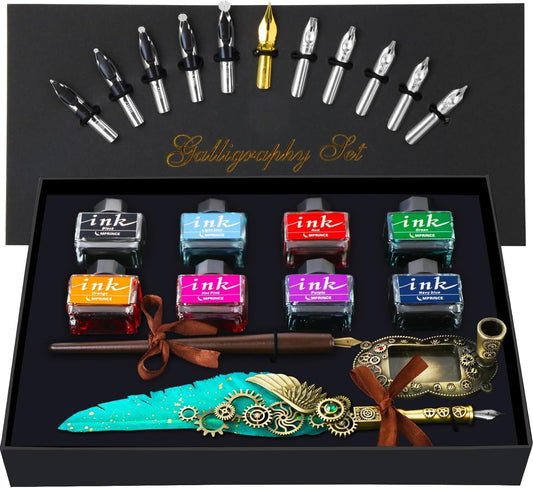 Feather Quill Pen ink Set,Calligraphy Pen Set,Include Quill Pen,Wood Dip Pen,8 Bottles Of Ink,13 Stainless Steel Nibs Of Different Sizes,Pen Holder,Envelope Paper