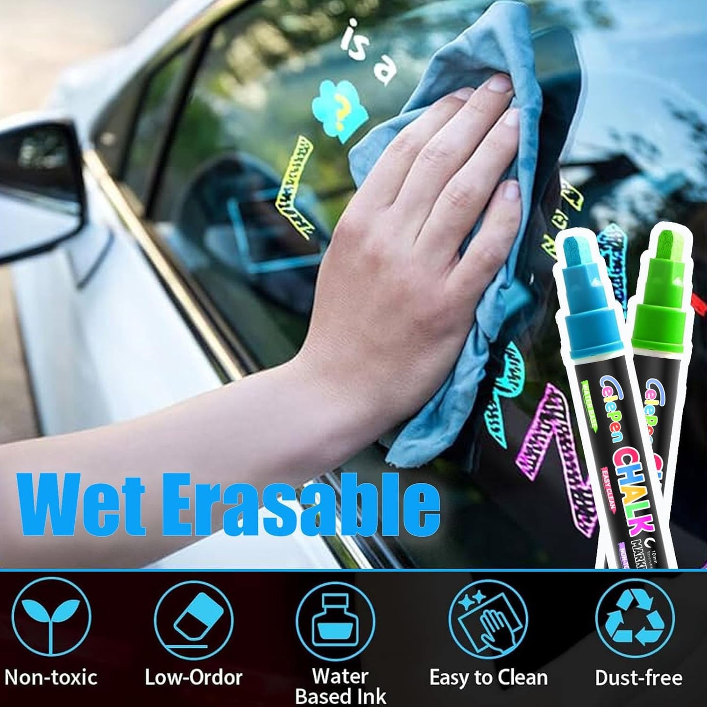 Window Chalk Markers for Cars Glass Washable, 8 Colors Jumbo Liquid Chalk Marker Pens with 10mm 3 in 1 Nib Wide Tip, Chalkboard Markers Car Window Paint Pen for Auto, Mirror, Poster