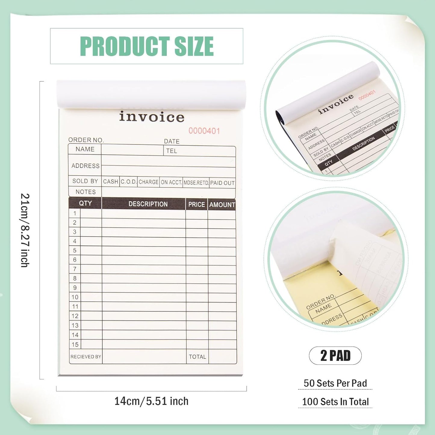 FOBSME Sales Order Books with 2-Part Carbonless Forms 8.27x5.51 Inch Invoice Books Receipt Record Book with Cardboard for Small Business Retail Stores (2 Pad,50 Sets Per Pad)