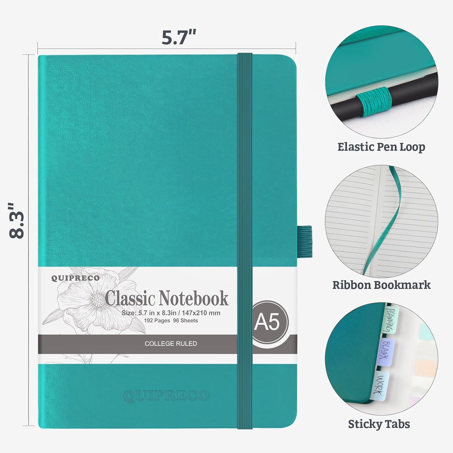 Hardcover Lined Bullet Dotted Journal Notebook, A5 140 192 Pages 100 120Gsm Paper College ruled for School,Work,Travel,and Daily Planning，5.7''*8.3'' (6, Turquoise, A5 Lined)