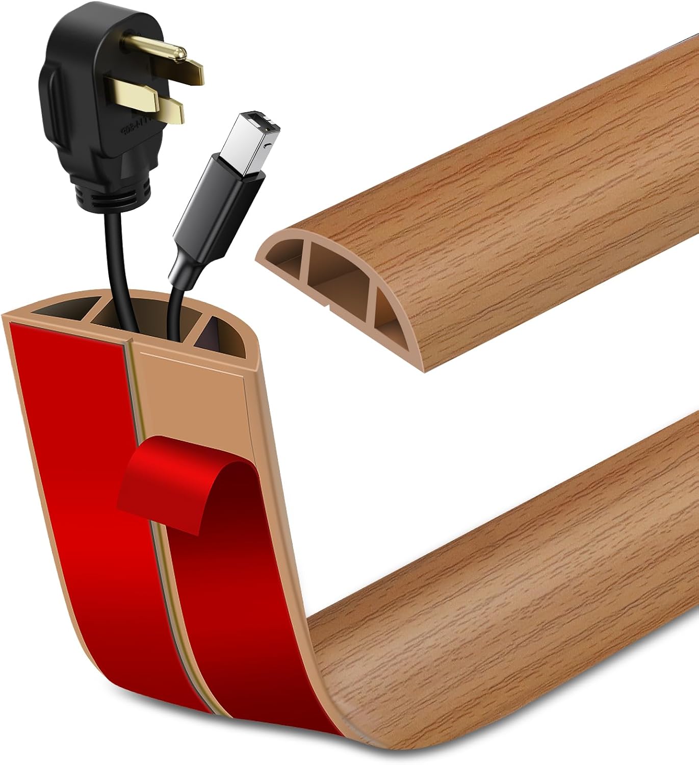 Floor Cord Cover Self Adhesive Cord Hider Floor Extension Cord Covers for Floor Power Cord Protector Cable Management Prevent Cable Trips Cable Cavity 0.47" W x 0.27" H (Light Brown Wood, 20Ft)