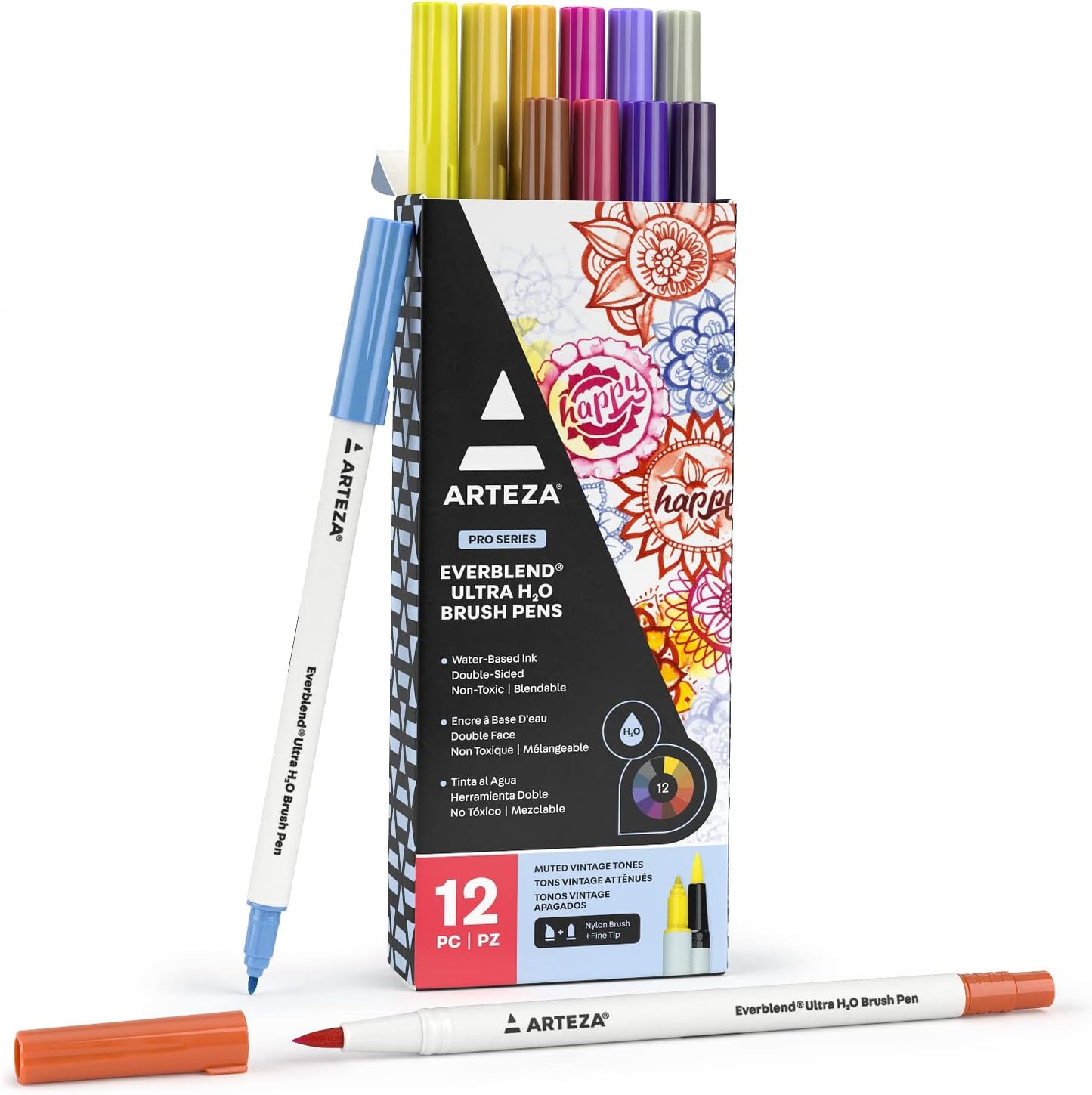 ARTEZA Dual Tip Brush Pens, 12 Vintage Tones, Watercolor Calligraphy Markers, Nylon Brush and Fine Tip, Water-Based Ink, for Illustration, Lettering