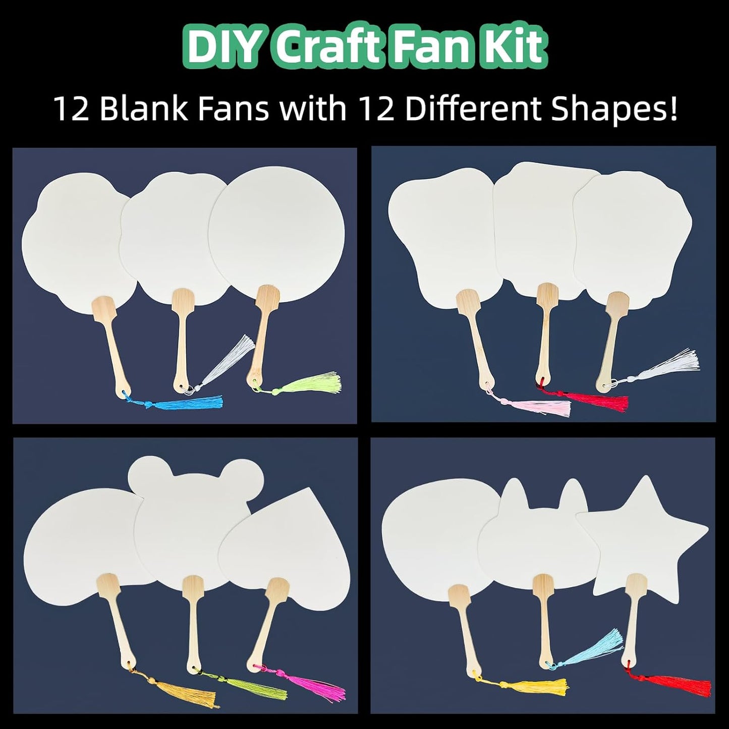 12-Pack DIY Craft Fan Blanks for Mixed Media Art, Resin & Acrylics - Dual-Sided Xuan Paper with PVC Core, Gift-Ready with Silk Tassels - Wedding Décor, Hanfu Styling, Cultural Gifting