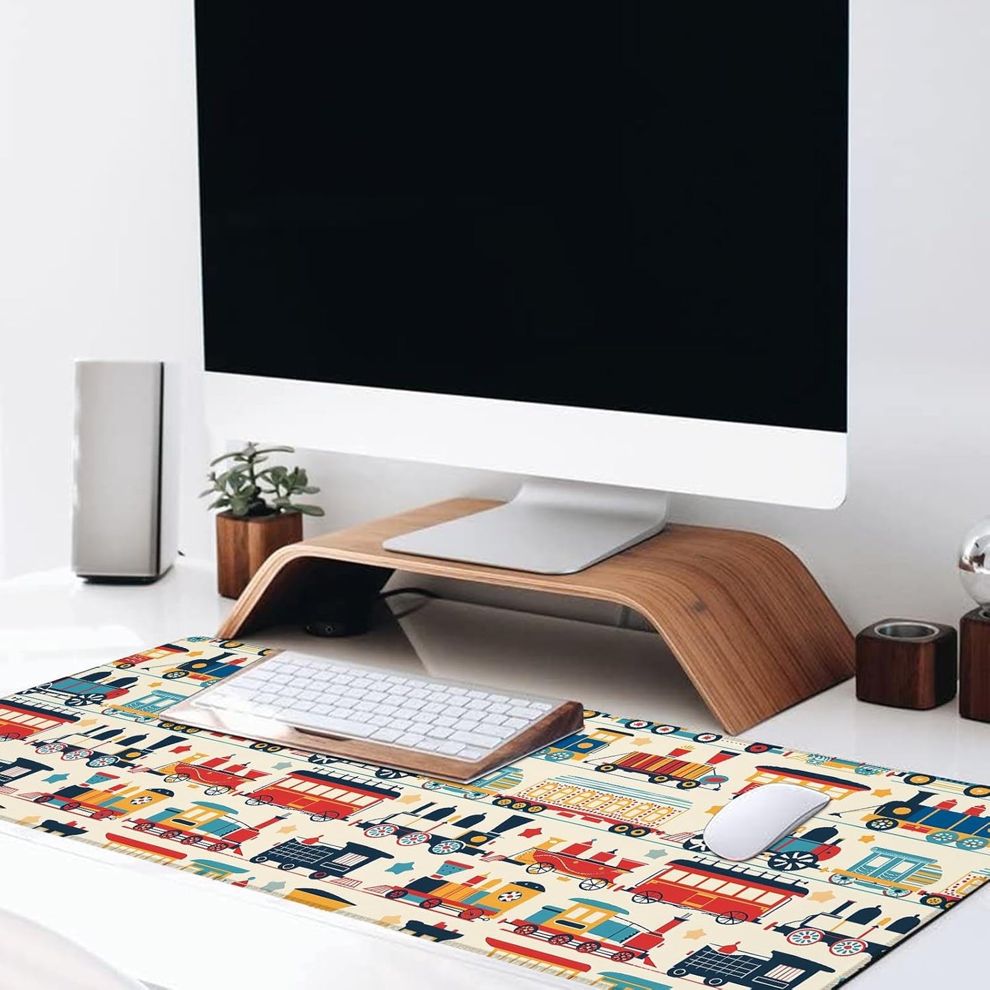 Playful Train Gaming Mouse Pad, Large Desk Mat with Cartoon Car, Rubber Non-Slip Extended Cute Vintage Mousepad, Office Home Decor Accent, Gifts for Retro Lovers, 31.5x11.8x0.12in