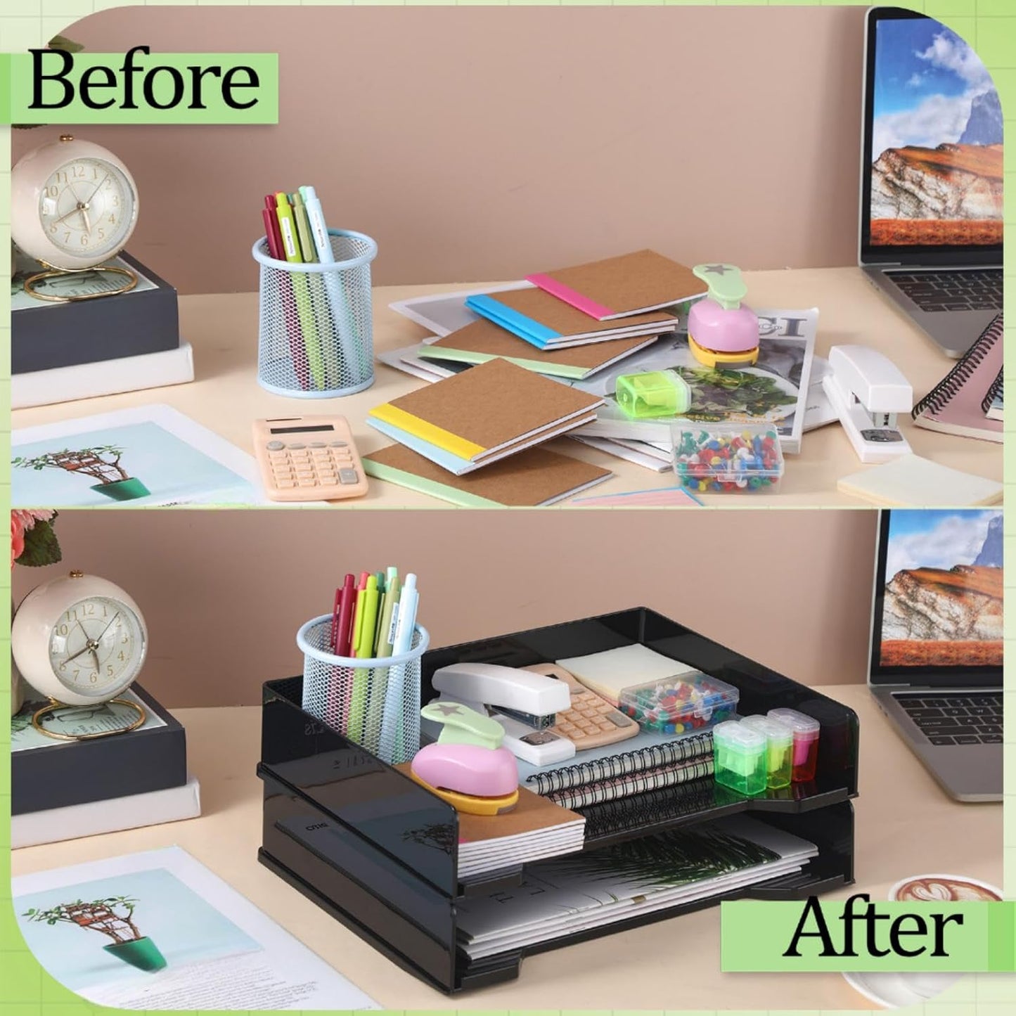 2 Pcs Stackable Letter Tray Rectangular Plastic Desk Organizer 13 x 9.5 x 2.6 in Paper Holder File Tray Accessories Rack for Desktop Office Desk Drawers (Black)