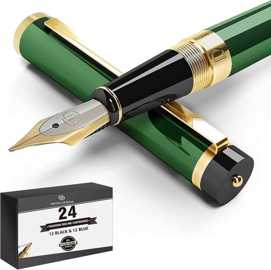 Dryden Designs Fountain Pen Medium Nib Gift Pouch - with 24 Ink Cartridges - MCM (Emerald Green [with 24 Ink Cartridges])