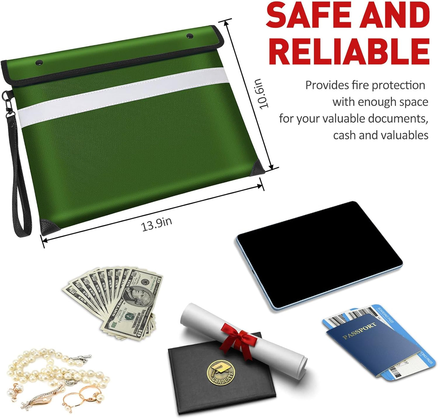 Fireproof Document Bag with Water Resistant Zipper（13.9"x10.6"）,6200°F Heat Insulated Fire Proof Pouch with Soft Leather Hand Strap,Fire and Waterproof Envelope for Cash,Documents,Jewelry(Green)