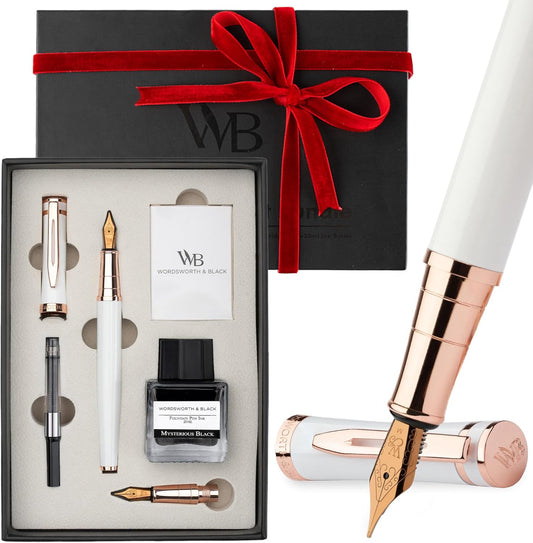 Wordsworth & Black Fountain Pen Set,18K Gilded Medium & Extra Fine Nib,25ML Black Ink Bottle,6 Ink Cartridges,Refill Converter,Gift Box,Smooth Writing Pen [White Rose Gold],Gift Set for Men and Women