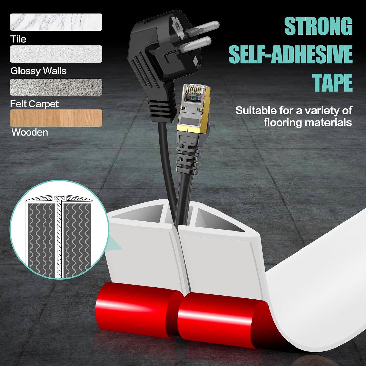 Floor Cord Cover Self Adhesive Cord Hider,10FT Cable Management, Extension Strip Protector for Wires, Prevent Cable Trips for Offices, Gyms, Exhibitions Cavity:0.51"(W) x 0.3"(H) White