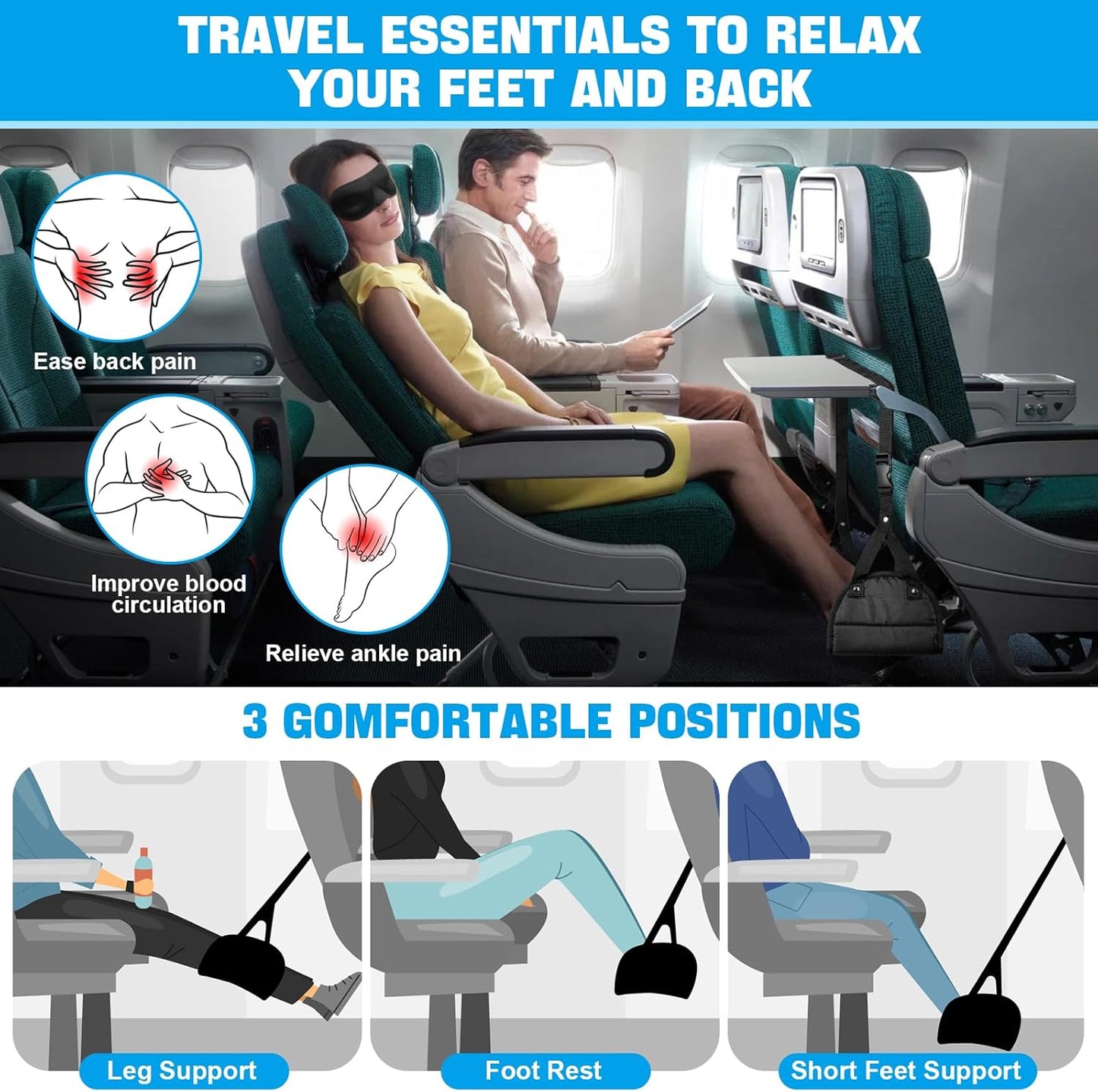 2 Pack Airplane Foot Rest,Portable Airplane Foot Hammock for Under Desk at Work to Relax Your Feet,Adjustable Memory Foam Foot Rest for Air Travel with Ear Plugs and Eye Mask