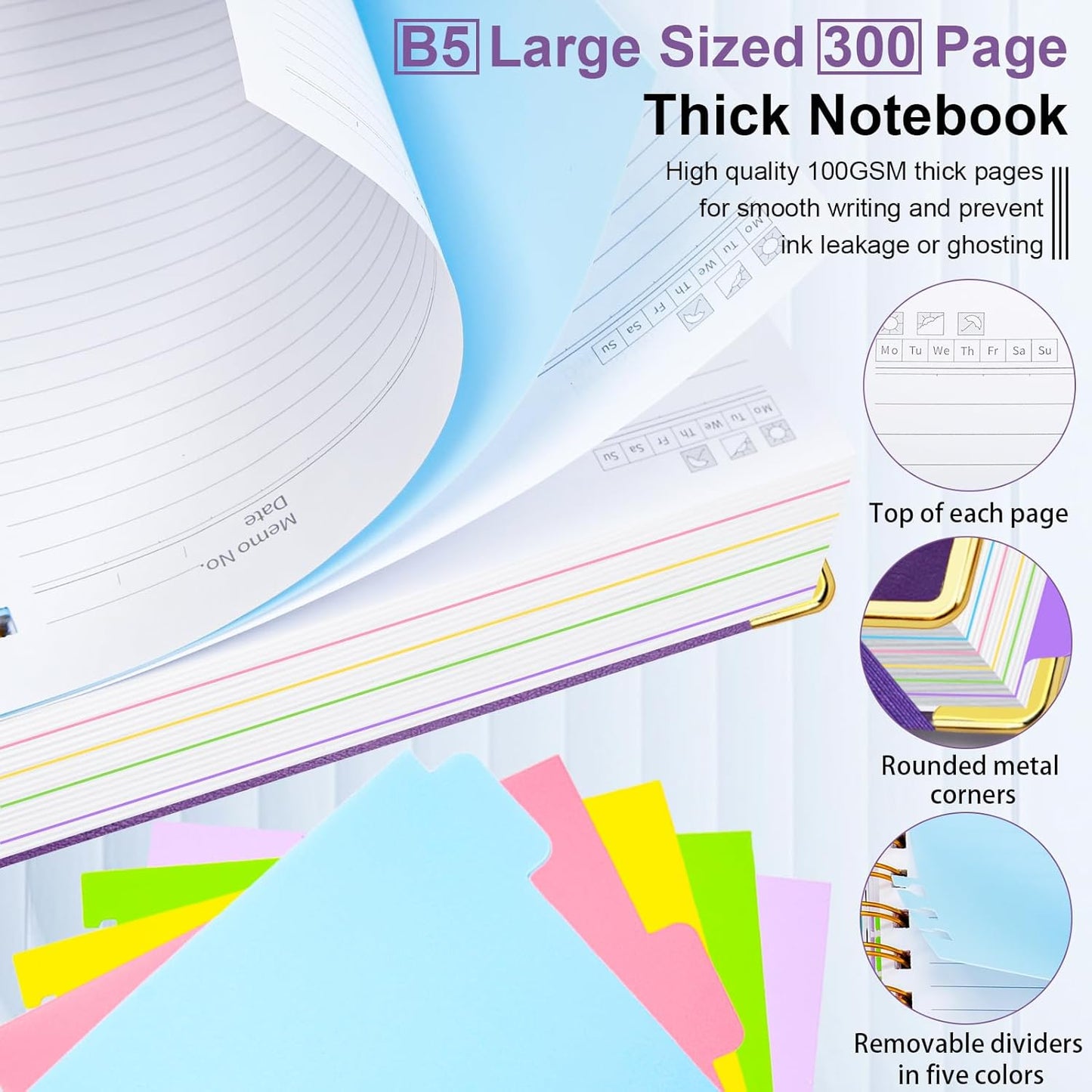 Hardcover Spiral Notebook 8"x10" Journal Notebook with Tabs and Removable Dividers 300 Pages 5 Subject Notebook College Ruled, Faux Leather Spiral Bound Notebook for Women, Students, School Work (Purple)