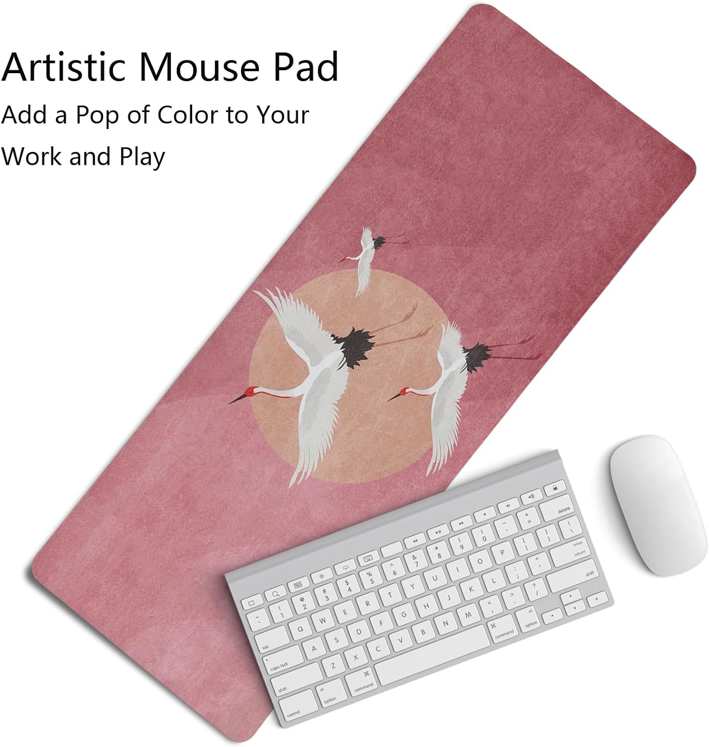 Retro Chinese Style Mouse Pad,Vintage Japanese Style Desk Pad,XL Large China Red Crowned Crane Laptop Desk Mat,Girly Pink Gaming Computer Pads,Girly Desk Mat For Home Office Dorm,31.5x11.8Inch