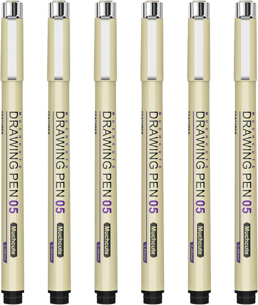 Muchcute 05 Fine Point Writing Pens: 6 Black 0.45mm Thin Micron Pen 05 No Bleed Bible Journaling Study Supplies Annotation Smooth Waterproof Micro Line Needle Tip Fineliner Gel Felt Ink Markers Stuff