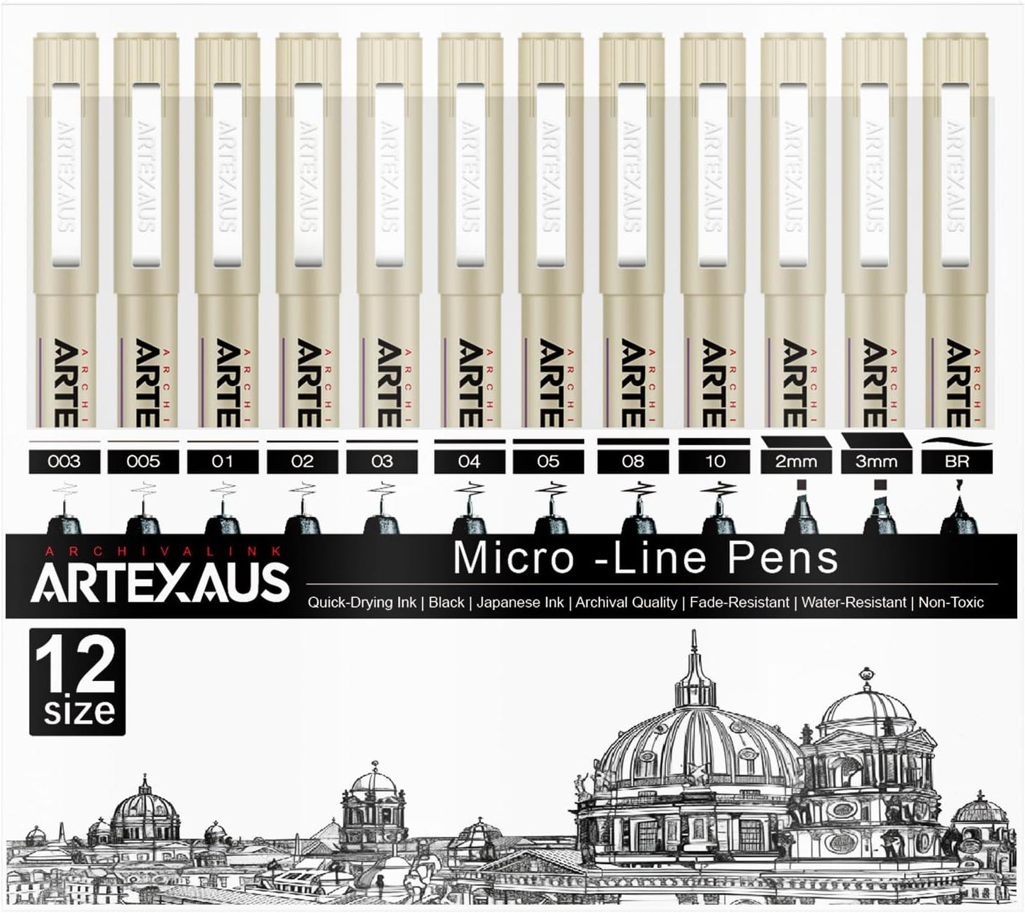 Micro Fineliner Drawing Art Pens, 12 Assorted Sizes, Waterproof Archival Ink, Art Supplies for Adults Sketching, Calligraphy, Technical Illustrators.