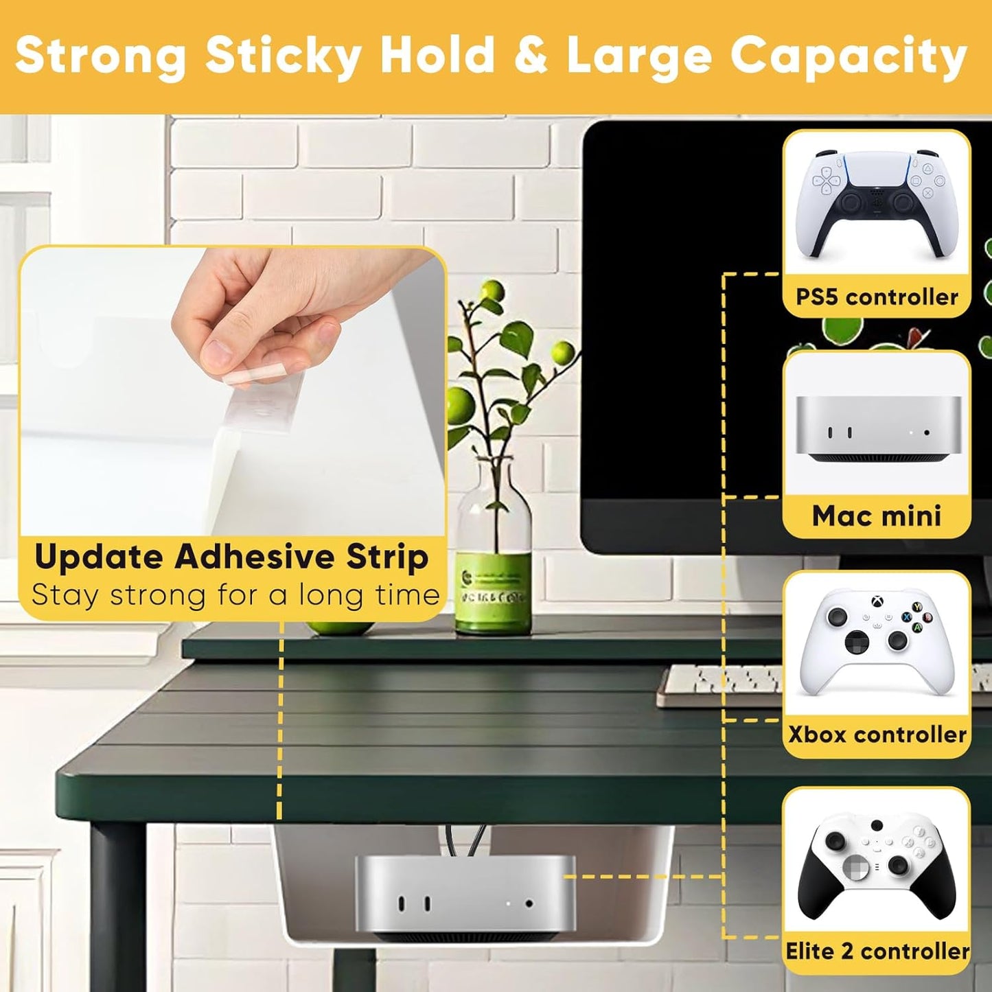 4 Pack Under Desk Hanging Shelf Drawer Organizer, Attachable Plastic Hidden Storage Tray, Easy Adhesive Mount Holder for Standing Tables, Office, Counters, Cabinets, Workstations - White