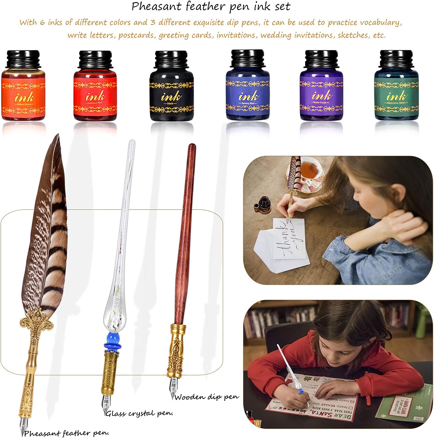 NC Quill Pen Ink Set,includes quill pen,wooden And glass dip pen,6 bottles ink,8 letter paper,1 envelope,17 Replaceable Nibs,1 bottle of fire lacquer wax,spoon,Seal Stamp,candle,pen holder, Cup.