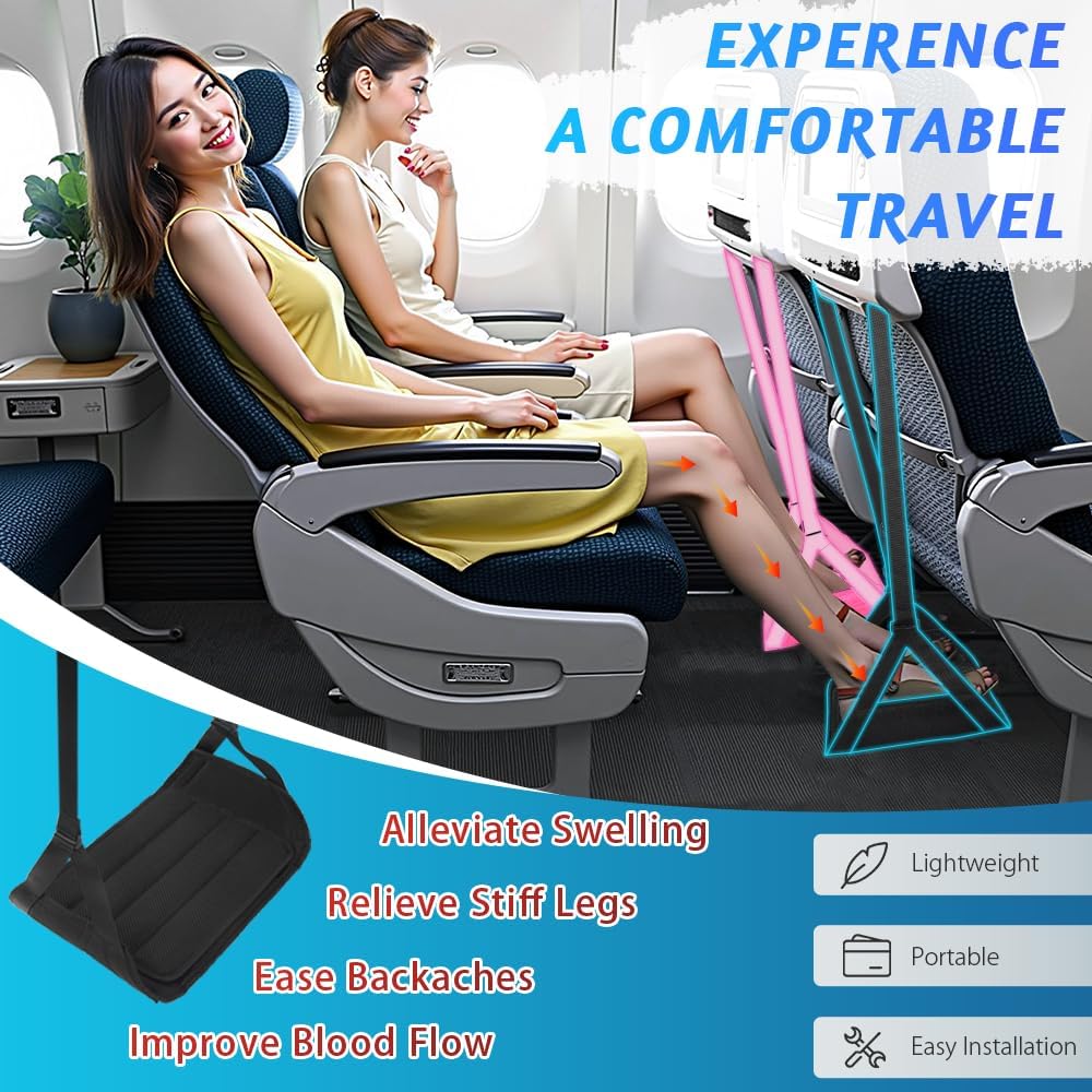 Foot Hammock for Plane Travel, Upgraded Wide Airplane Foot Hammock with Detachable Hardboard, Portable Footrest for Air Travel Essentials Long Flight, Adjustable Foot Rest Leg Hammock for Flying