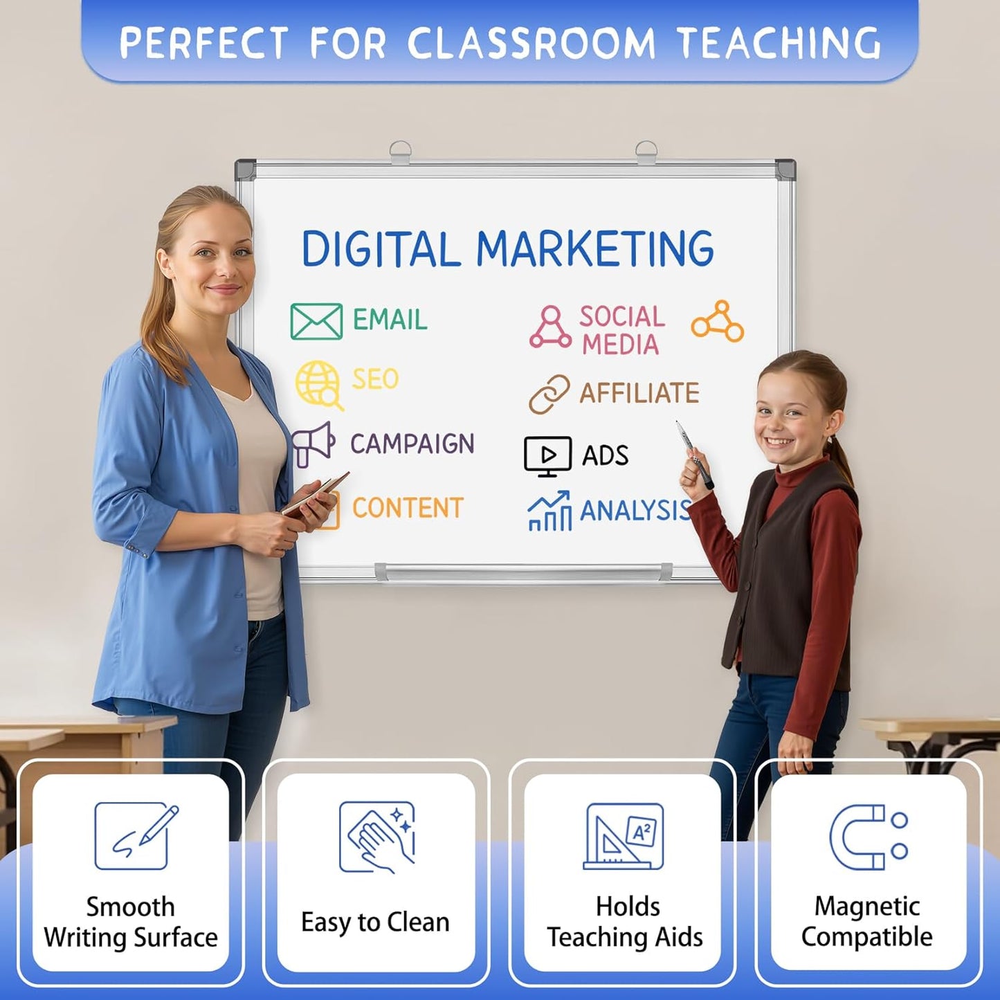 Grtard White Board Dry Erase, 24" x 18" Magnetic Dry Erase Boards, Hanging Magnetic Whiteboard with Marker and Magnets, Dry Erase Board for Wall, Large White Boards Dry Erase for School, Office, Home