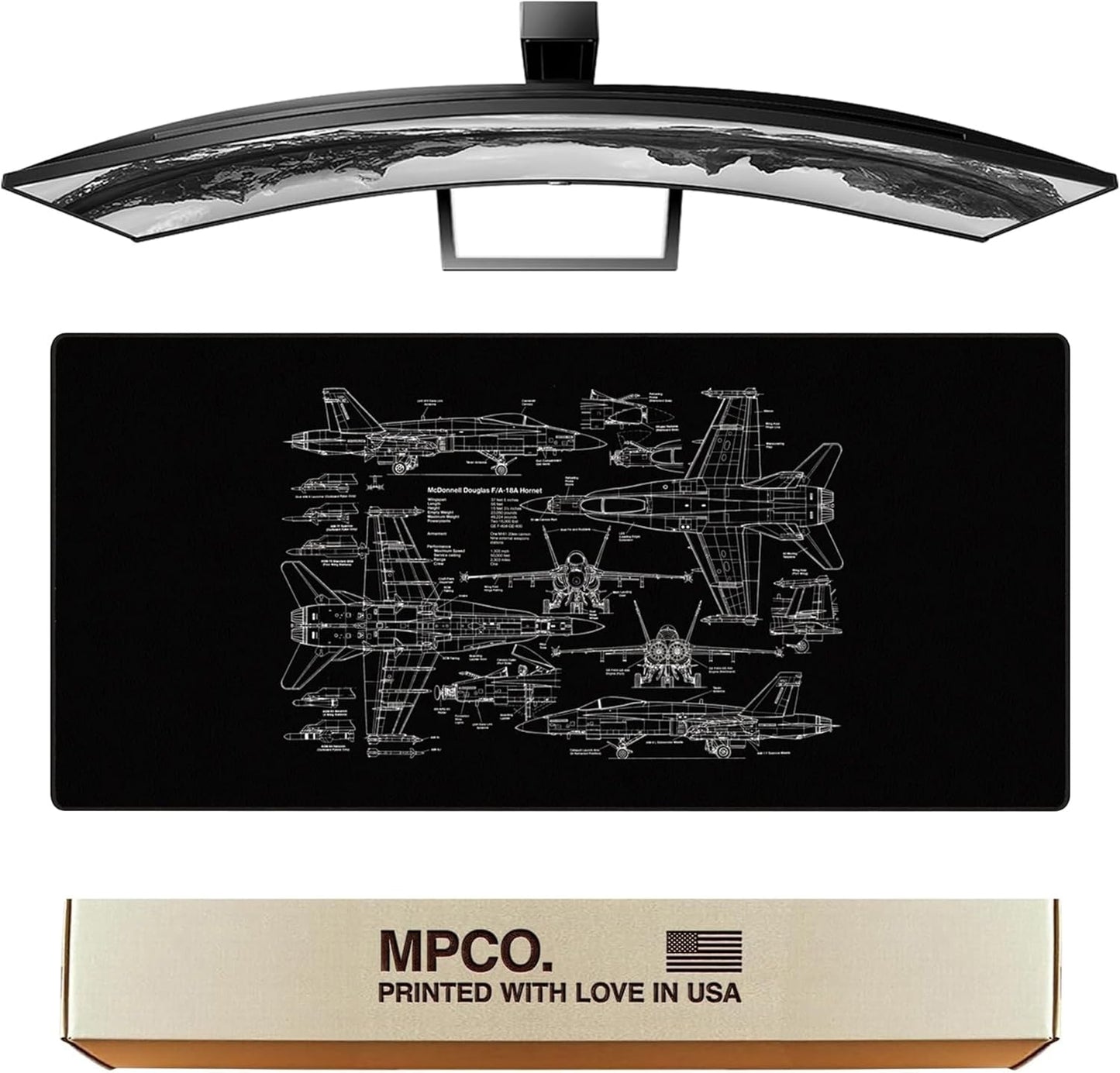 MPCO. Blueprints Large Gaming Desk Pad - 36" x 17" Duraglyde Fabric 18A Hornets – Black Desk Mats - Non-Slip, Washable, Smooth Glide for Precision Gaming & Work