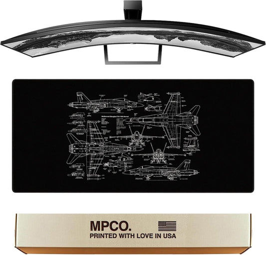 MPCO. Blueprints Large Gaming Desk Pad - 36" x 17" Duraglyde Fabric 18A Hornets – Black Desk Mats - Non-Slip, Washable, Smooth Glide for Precision Gaming & Work