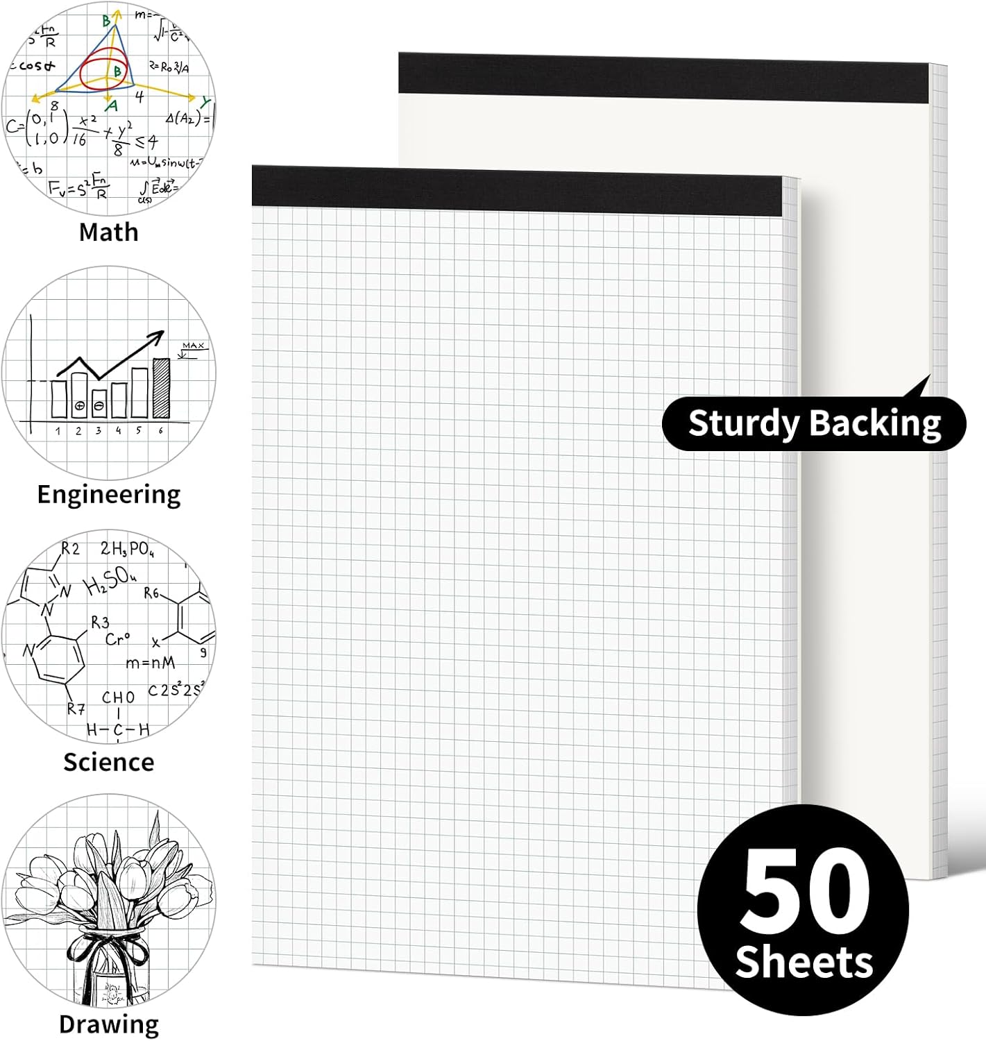 Graph Paper Notebook, 2 Pack, 8.5 x 11 Grid Paper, 4x4 Graph Ruled, 50 Sheets per Pad, Easy-Tear Perforations, 8.5 x 11 Cardboard Backing, for Math, Drafting, Drawing, Engineering