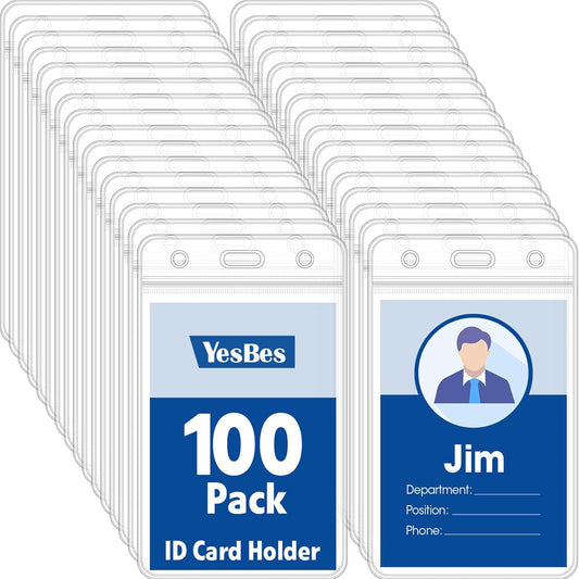 100 Pcs Vertical Badge Holders, Waterproof ID Badge Holder, Clear ID Card Holder with Resealable Zip for Proximity Cards, RFID, Credit Cards