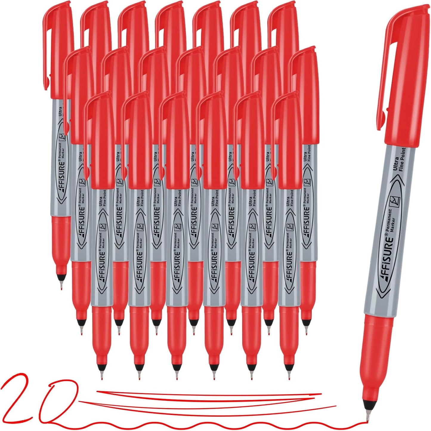 Red Ultra Fine Point Permanent Marker, 20 Pack, 0.4 mm, Precision Fine Tip for Detailed Writing, Art, Crafts & Labeling on Paper, Plastic, Glass, Metal, Waterproof, Fade-Resistant Ink