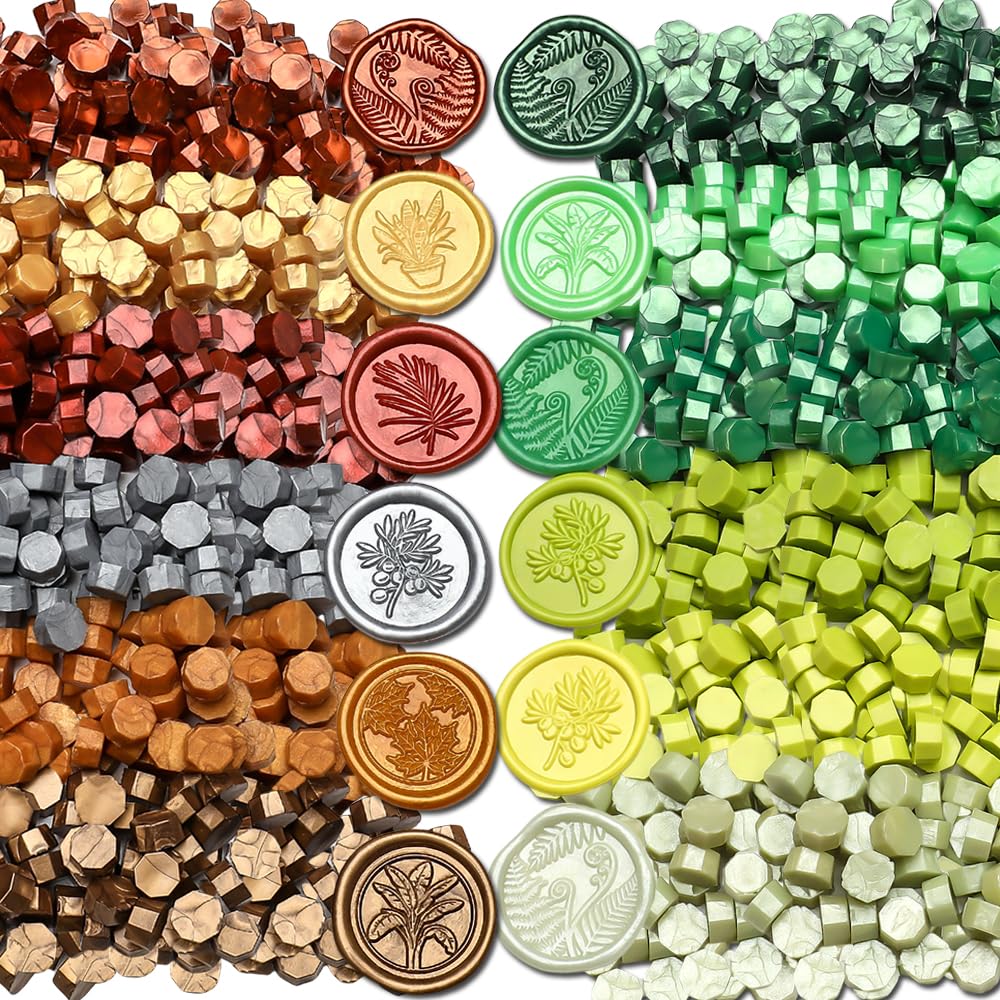 1200pcs Metallic and Green Wax Seal Beads,12 Assorted Metallic Color Sealing Wax Beads Ideal for Wax Seal Stamp Wedding Letter Envelope Decor Wine Bottle Wax Sealing (Metallic&Green)