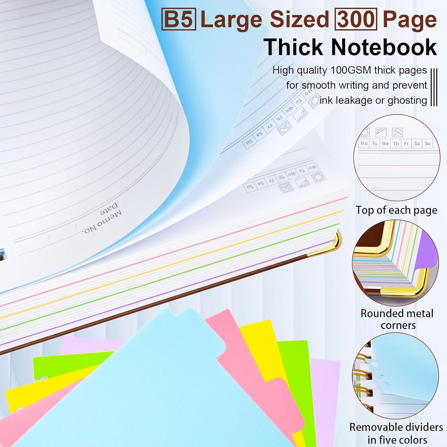 Hardcover Spiral Notebook 8"x10" Journal Notebook with Tabs and Removable Dividers 300 Pages 5 Subject Notebook College Ruled, Faux Leather Spiral Bound Notebook for Women, Students, School Work (Brown)