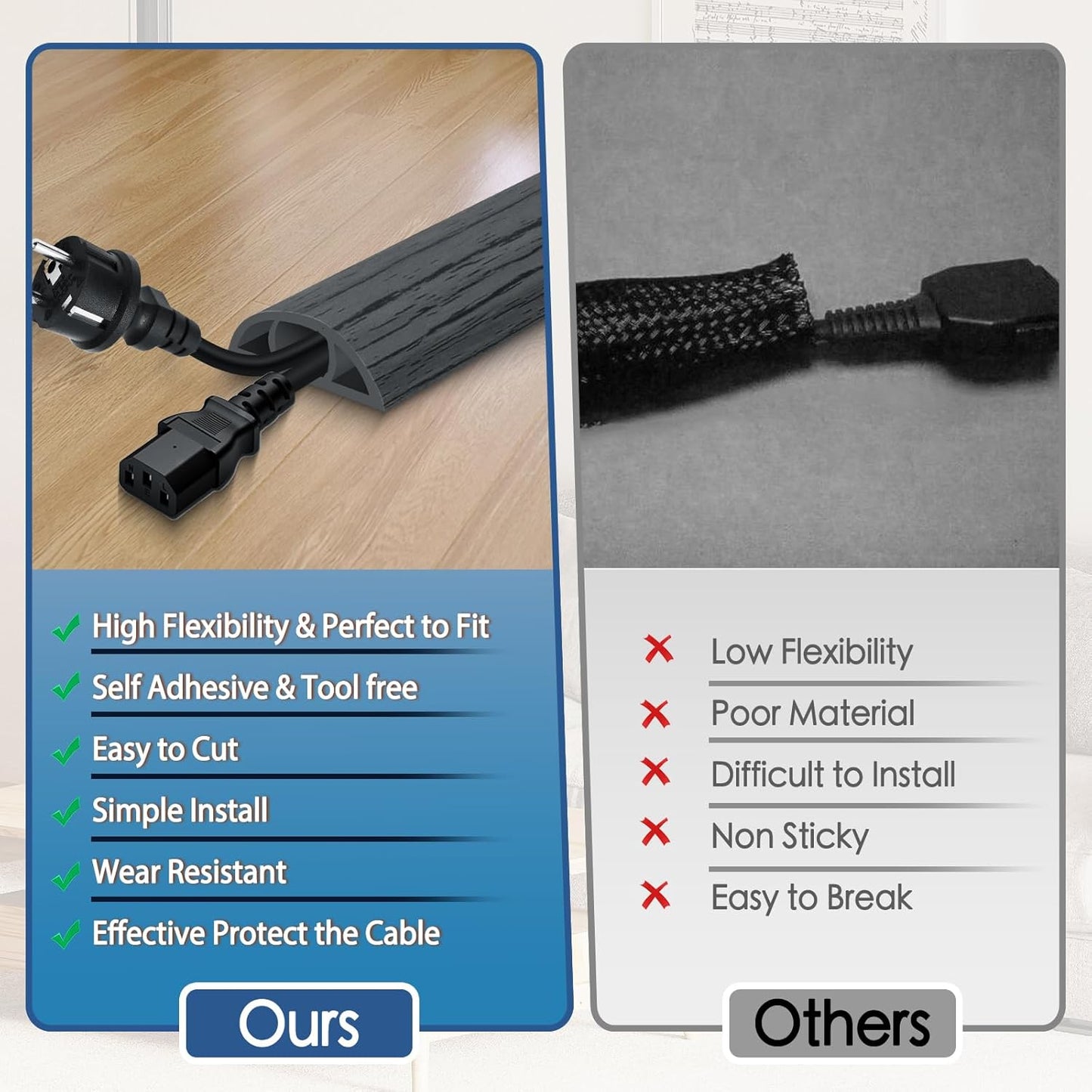 Floor Cord Cover for Wires on Floor Self Adhesive Cord Hider Floor Cable Management Wire Covers for Cords Protector Prevent Cable Trips Cord Cavity W 0.59" x H 0.31", Deep Gray Wood, 10Ft