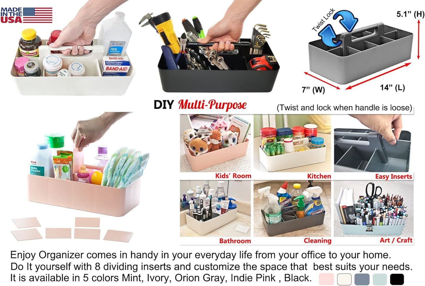 -Large Portable Caddy, DIY Dividers, 8 Compartments, School Office Supplies Home Business Portable Basket with Handle Storage Made in USA (3 PACK, Royal Purple/Lavender/Pink)