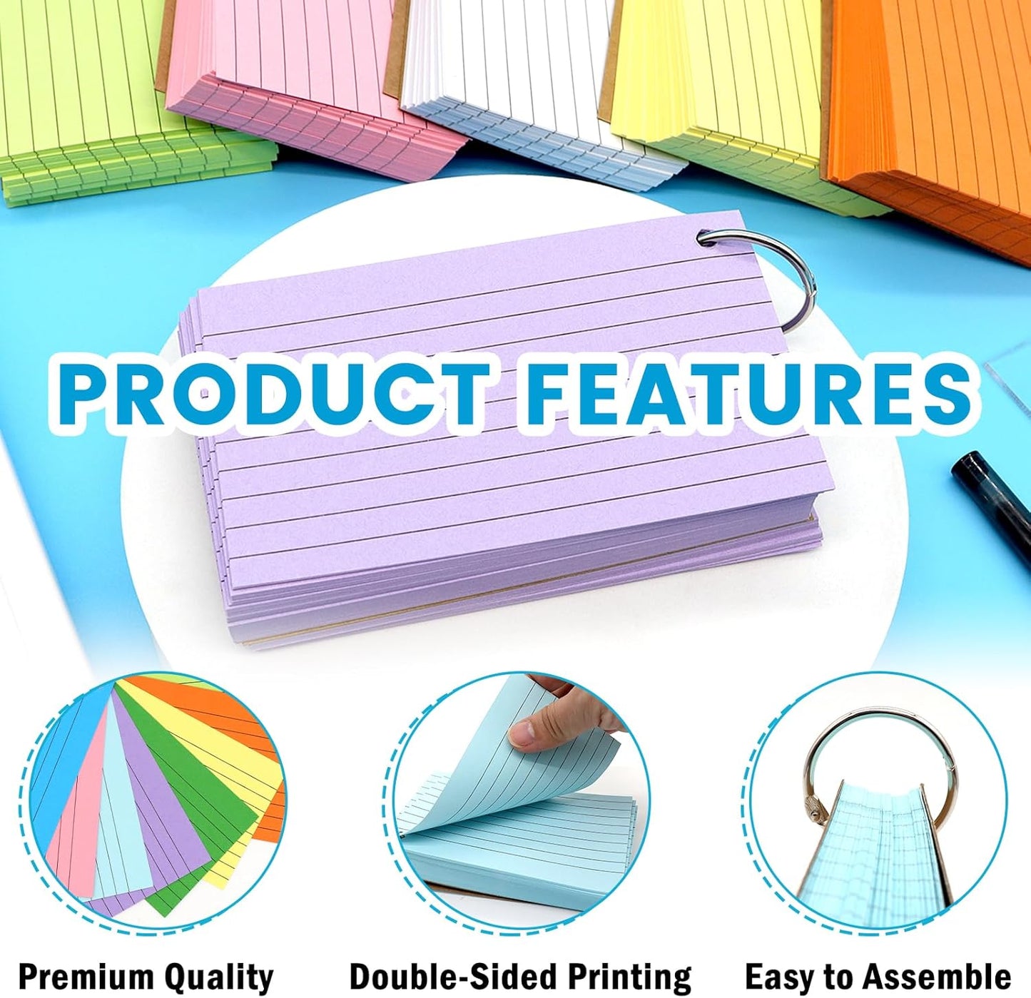 1000 PCS Index Cards 3x5 Inches Colored Flash Cards with Ring, Punched Lined Flashcards Ruled Index Cards Notecards Study Cards Heavy Note Cards for Studying, Learning, School, College, Memory