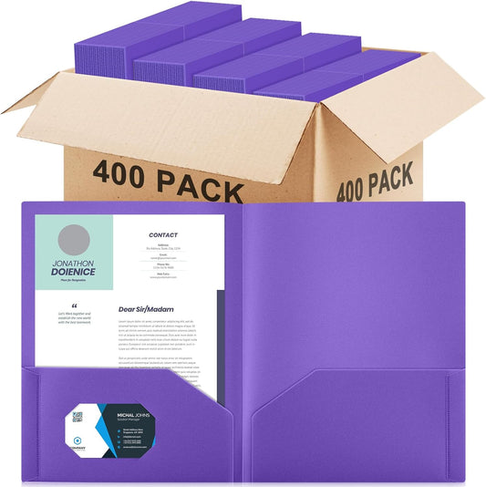 Gueevin 400 Pcs Two Pocket Folders Bulk Plastic File Folder with 2 Pockets Letter Size Paper Heavy Duty Durable Portfolios Case for Home Office School Business 11.61 x 9.45 Inch (Purple)