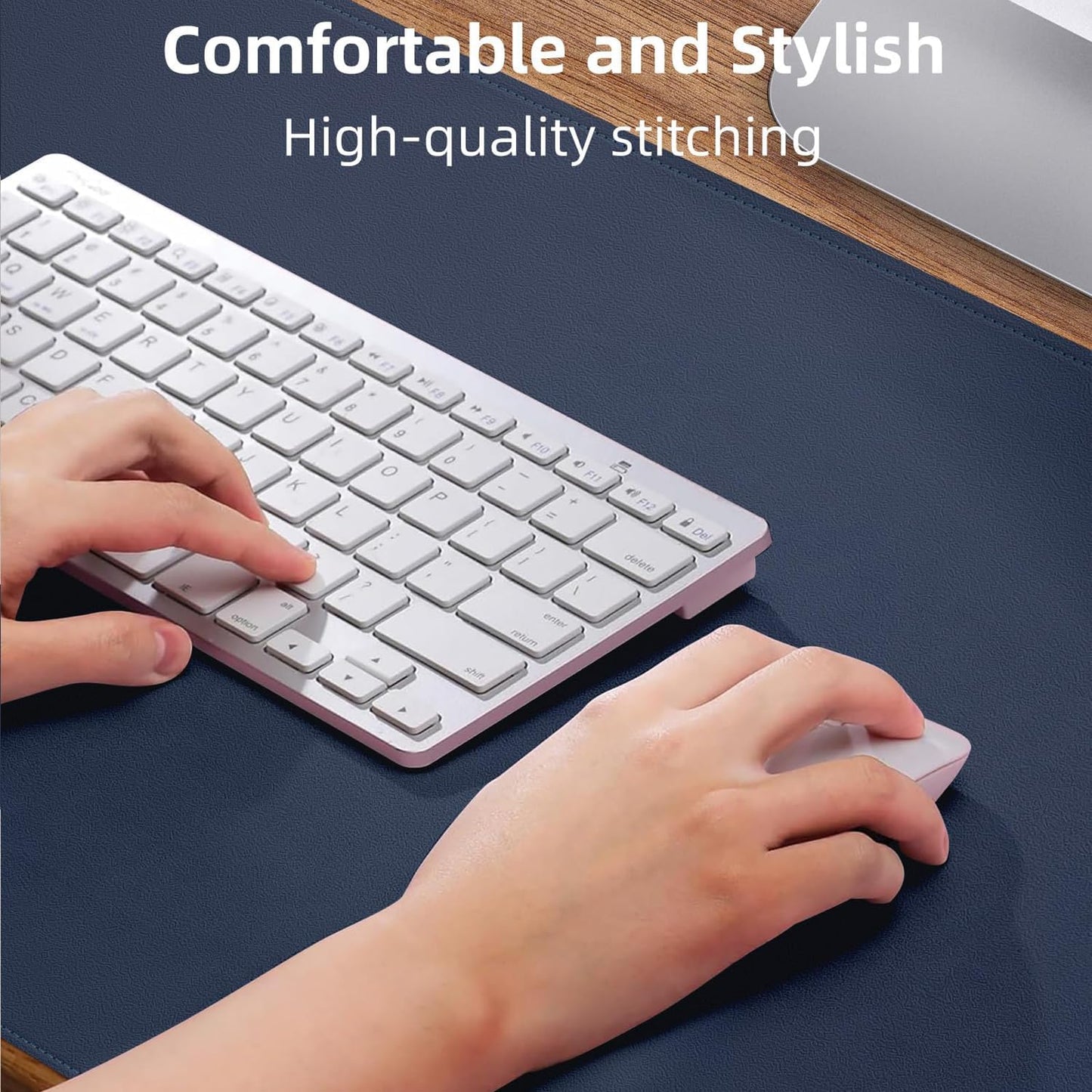 Large Desk Mouse Pad Protector, Stitched Locking Edge Non-Slip PU Leather Desk Mat Laptop Table Pad Blotter, Waterproof Durable Writing Pad for Office and Home (Dark Blue, 90 x 43cm)