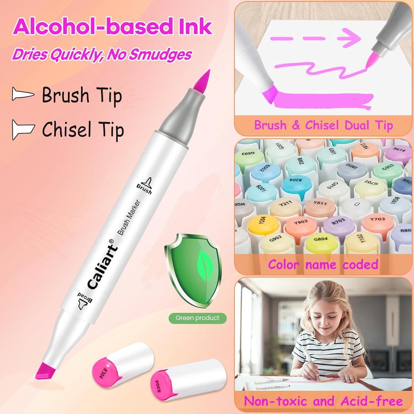 Caliart 168 Colors Brush & Chisel Alcohol Markers for Adult Coloring Book, Dual Tip Artist Sketch Art Markers, Aesthetic Cute Preppy Stuff School Supplies, Pens for Lettering Drawing Cards Planner