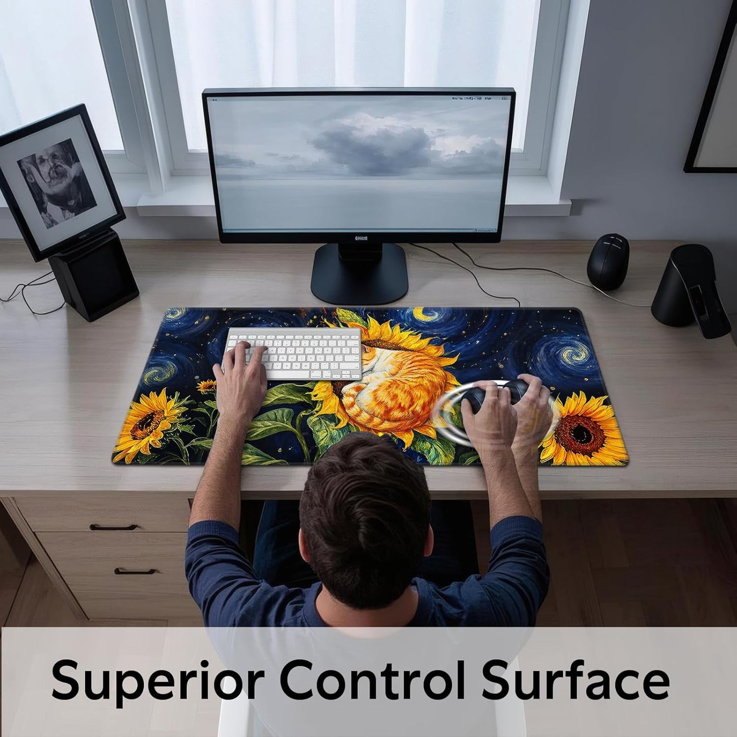 Sunflower Cat Gaming Mouse Pad, Starry Sky Cute Orange Cat Mousepad - Large Non-Slip Desk Mat for Office, PC, Laptop - 35.5"x15.7" x 3mm