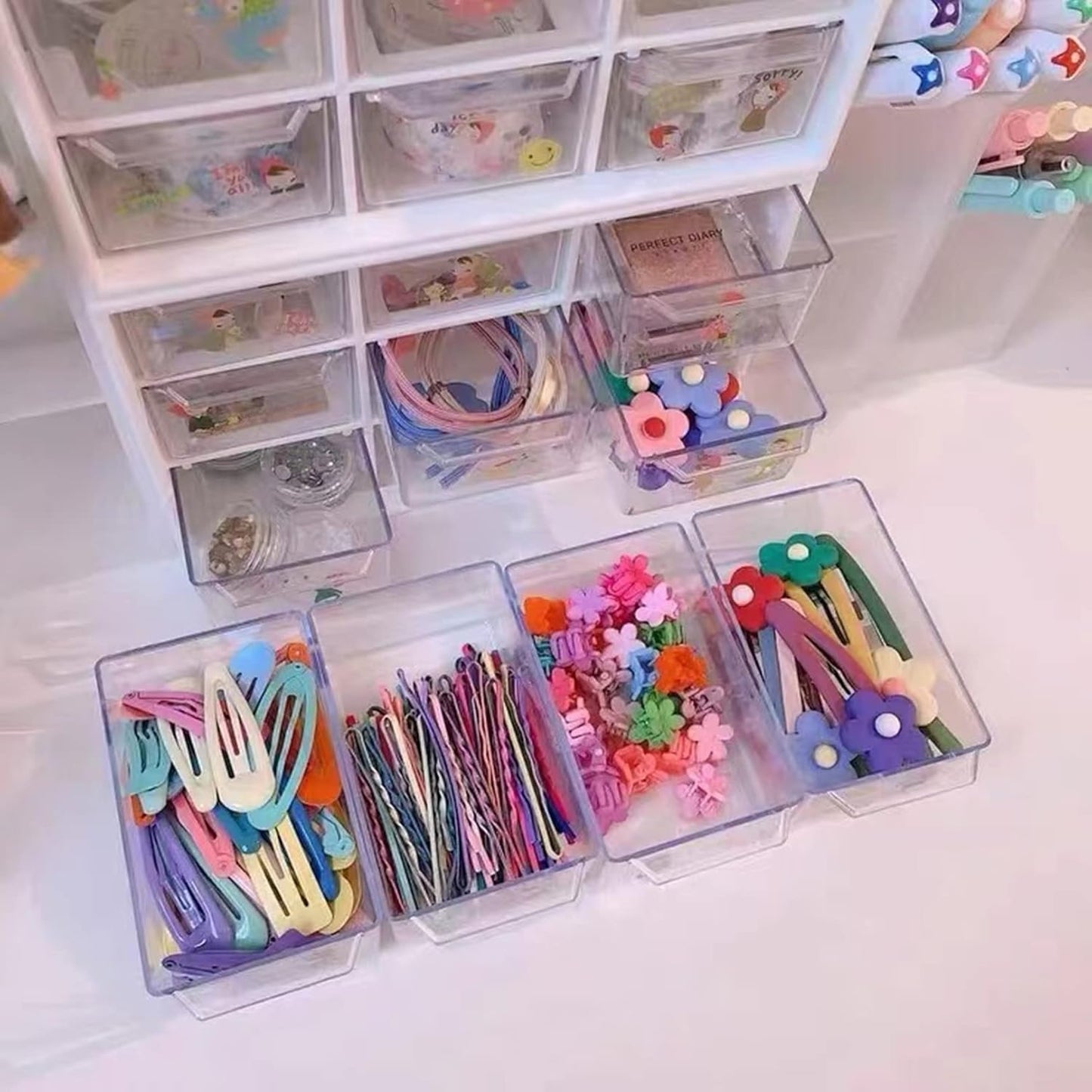 Feadily 2PCS Small Drawer Organizer for Desk, Desktop Drawer Organizer with 9 Clear Drawers, Plastic Desktop Storage Drawers 7.1 Inch x 3 .9 Inch x 4.7 Inch, White