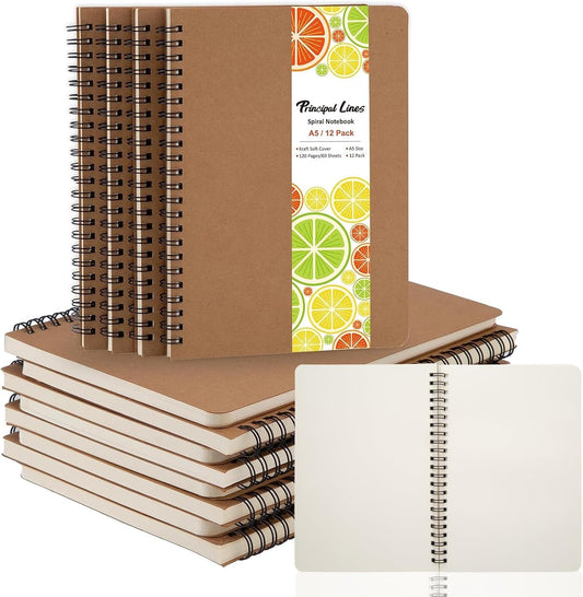 12 Pack Unlined Spiral Notebook- A5 Blank Journal, Unlined Notebook, Soft Cover Kraft Journal for Drawing, Writing, Office Supplies, School Supplies- 60 Sheets/120 Pages- 8.2 x 5.8