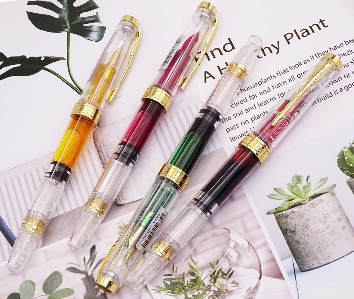 Lanxivi Yongsheng 3011 Demonstrator Clear Classical Fountain Pen Fine Nib Arrow Clip, Piston Filling System, Gold Trim, Set of 4 Pieces in transparent Color