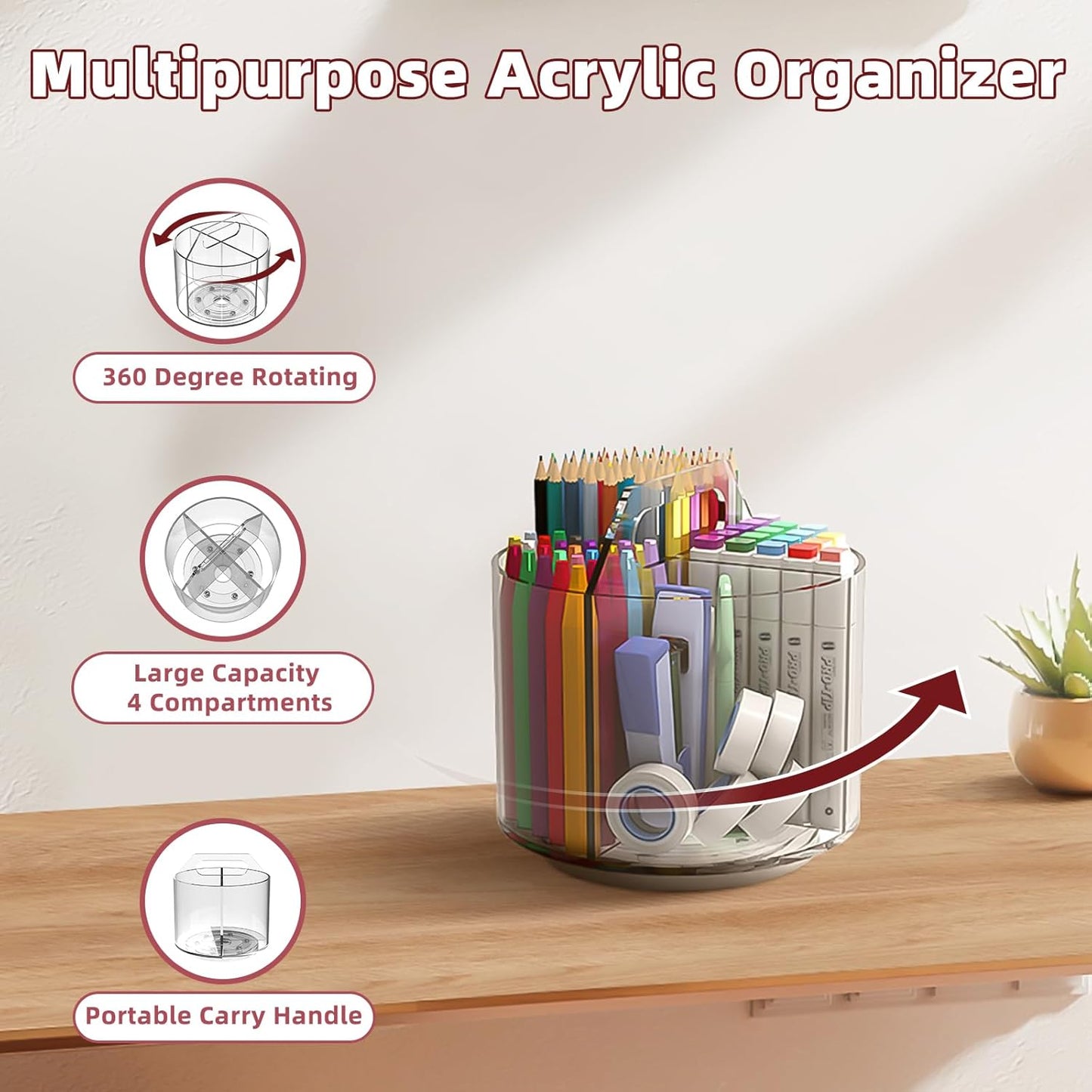 2 Pack Pen Pencil Holder for Kids, Rotating Pen Holder for Desk Organizer, 4 Compartments Art Supply Marker Organizer and Storage, Kids Desk Organizer Marker Holder Caddy Art Supply Organizer for Desk