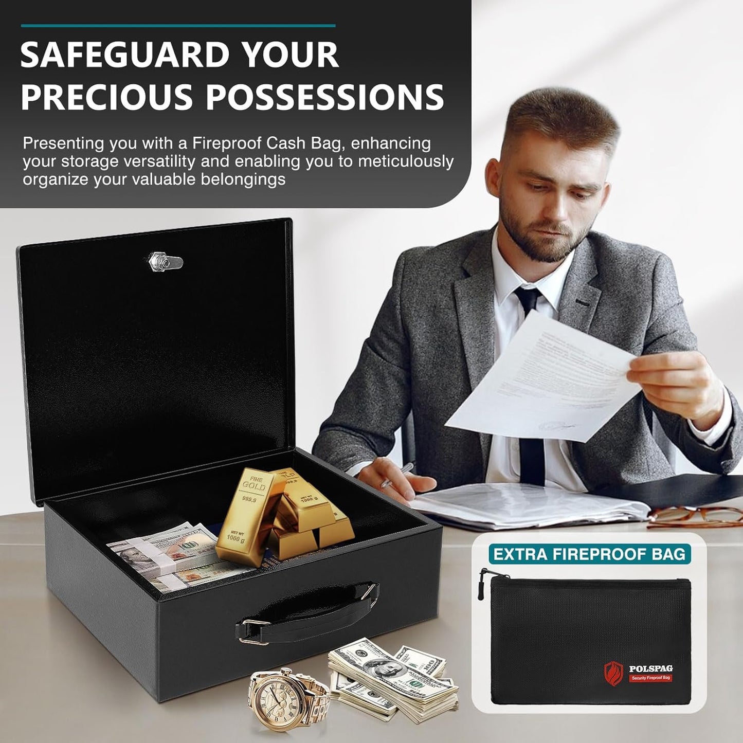 Fireproof Document Box with Key Lock & Fireproof Money Bag,Safe Storage Box for Valuables,Fire Resistance Security Chest,Fireproof Box for Documents,Passport Extra Large (Black, Large)