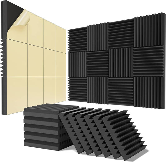 12 Pack Self-Adhesive Acoustic Panels - 2”X 12”X 12”Wall Panels - Quick-Recovery and High Density Sound Panels - Sound Proof Acoustic Foam for Home Studio - Black