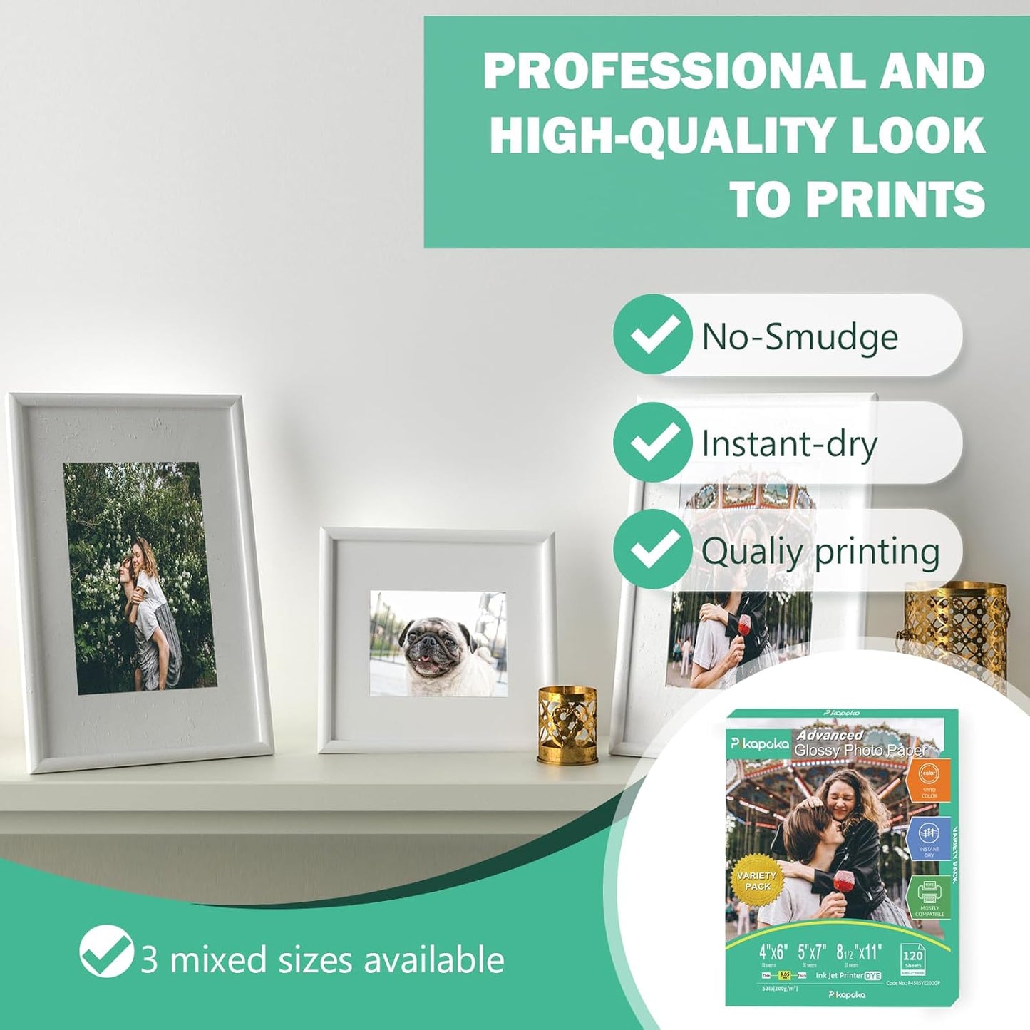 Glossy Photo Paper 4x6, 5x7, 8.5x11, 120 Variety Pack Bulk, Assorted Sizes, Inkjet printer, 52lb/200gsm