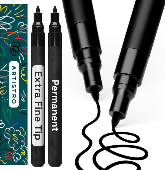 ARTISTRO 2 Black Permanent Marker - Waterproof Markers for Tire, Fabric, Rocks, Glass, Ceramic, Wood, Paper - Oil Based Paint Pens - Extra-Fine Tip 0.7mm