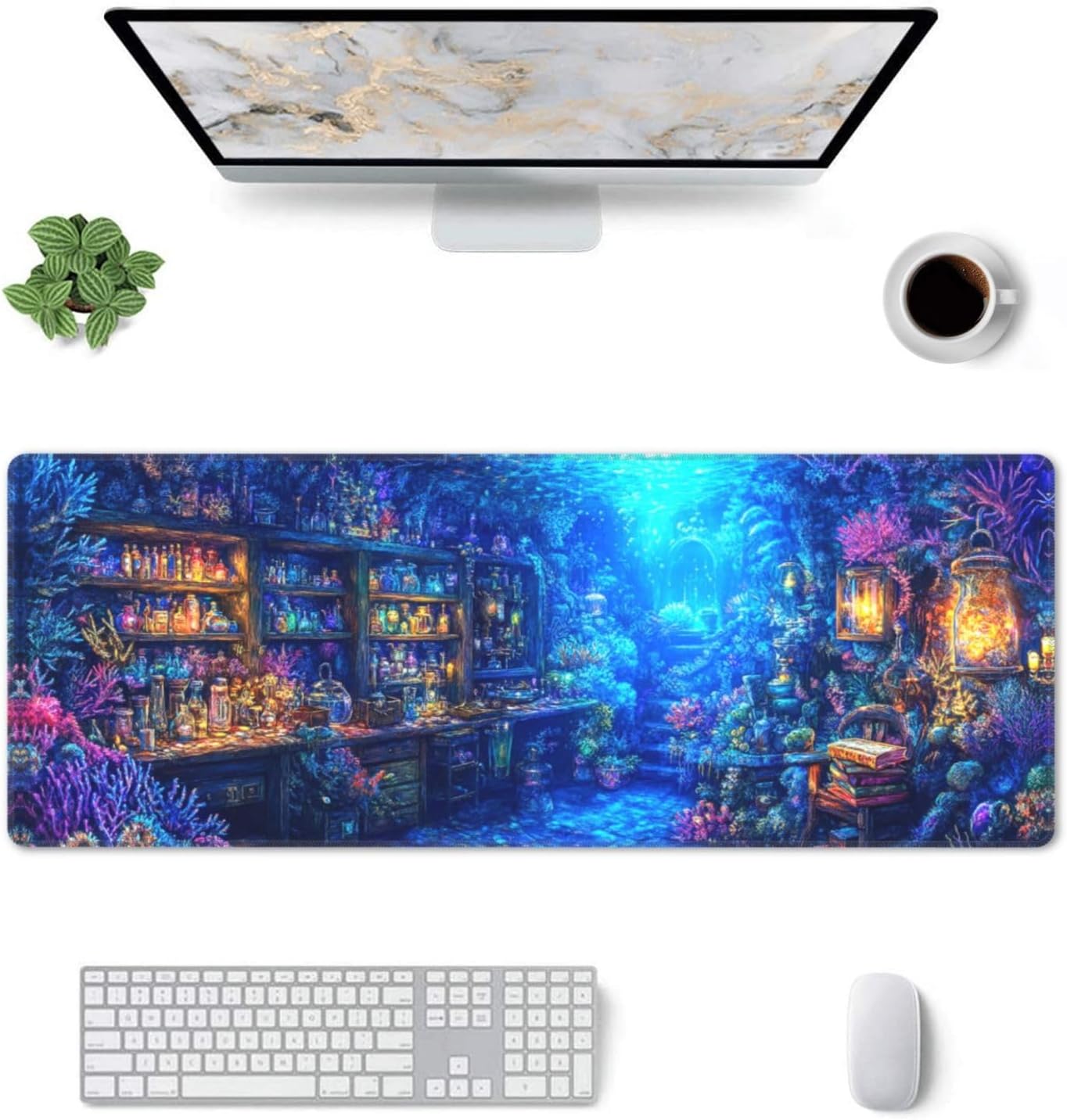 Magical Sea Mouse Pad 31.5 X 11.8 Inch Big Desk Rubber Base Stitched Edges Keyboard Pad XXL Mouse Mat for Home Game and Office