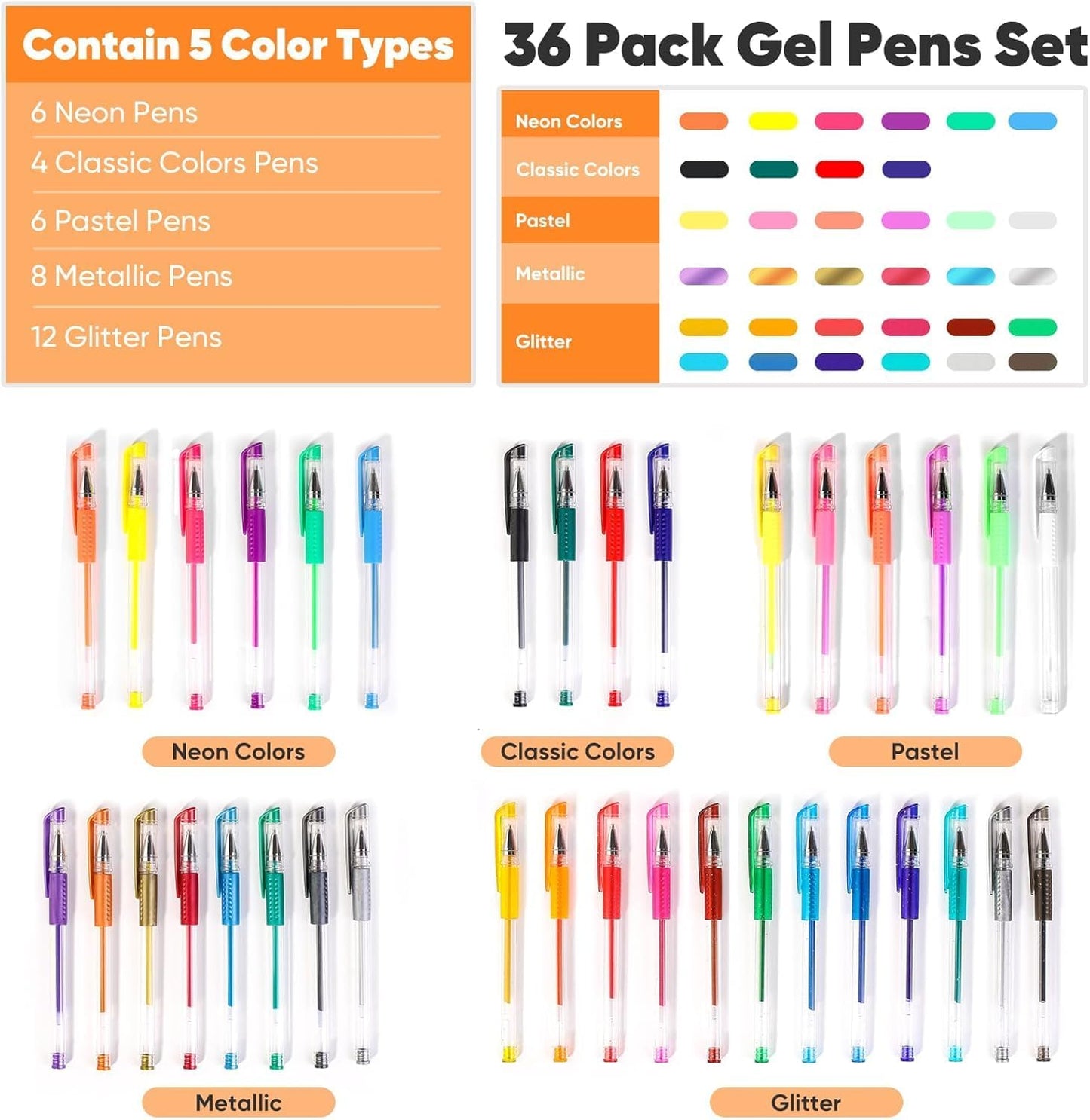 Taotree Gel Pens for Adult Coloring Books, 36-Color Neon Glitter Pens Coloring Drawing Art Supplies, 40% More Ink Glitter Gel Markers Set Colored Sparkle Doodling Journaling Gifts for Kids Teens