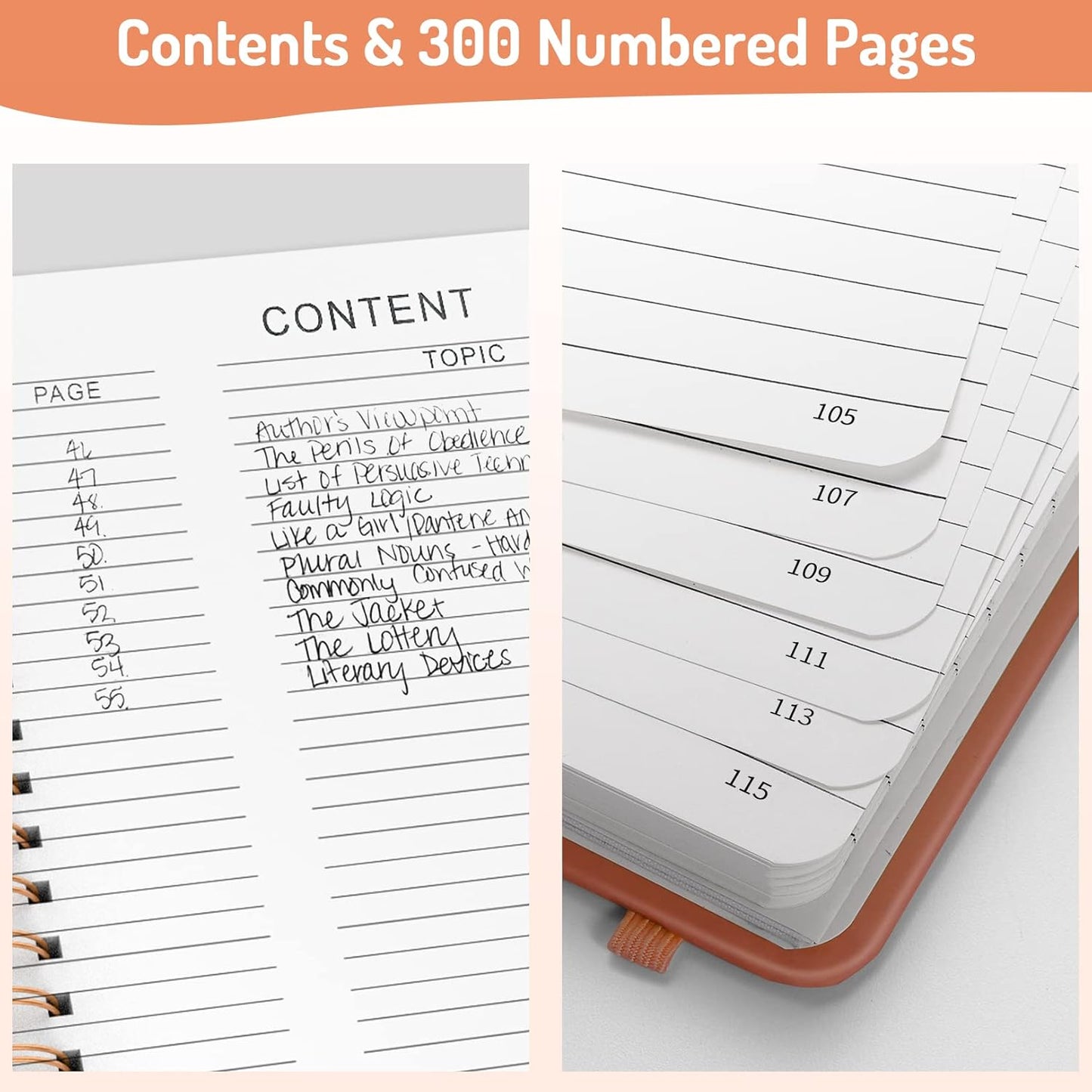 Forvencer A4 Lined Spiral Journal Notebook with 300 Numbered Pages, 11" X 8.5" Thick Journals for Writing with 100GSM Paper, Hardcover Notebooks with Contents for Work, School, Orange