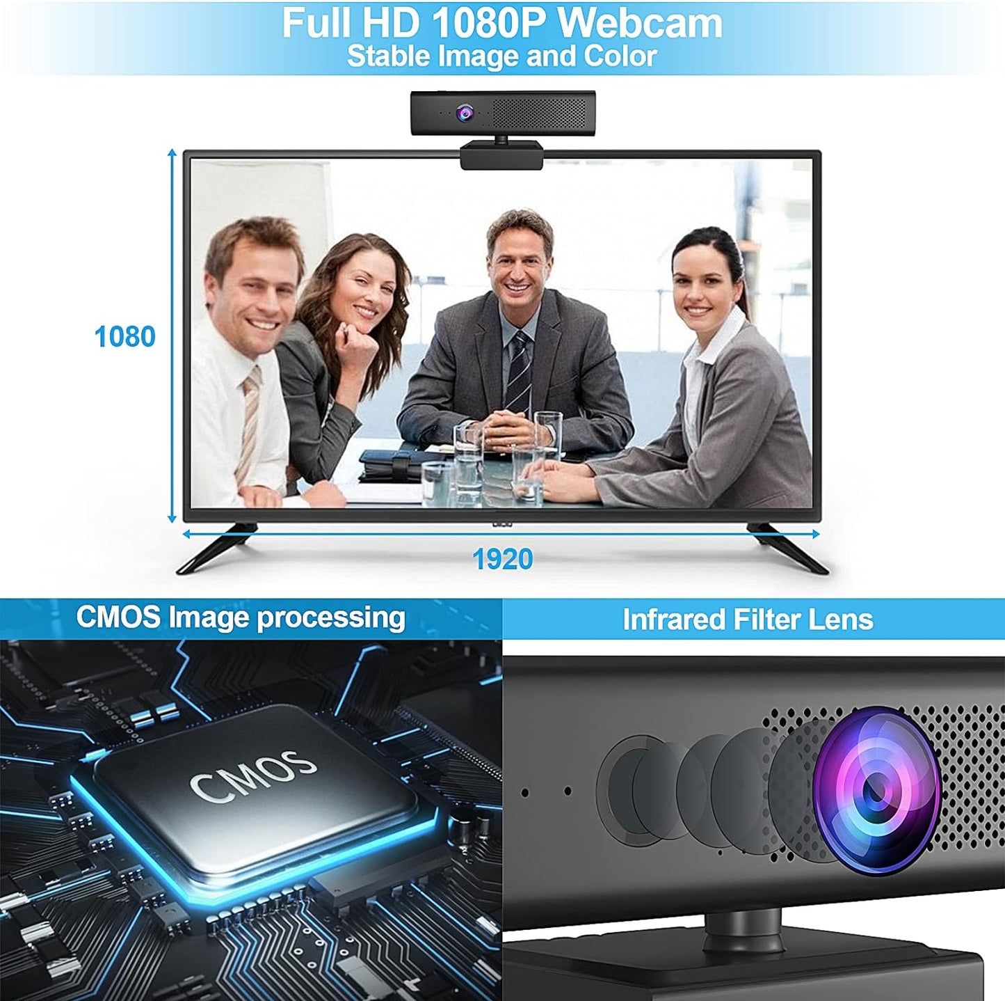 Full HD 1080P Computer Camera with 4 Built-in Omnidirectional Microphones and Speaker for Video Conference Streaming, USB External Webcam with Magnetic Privacy Cover for Desktop Monitor Laptop