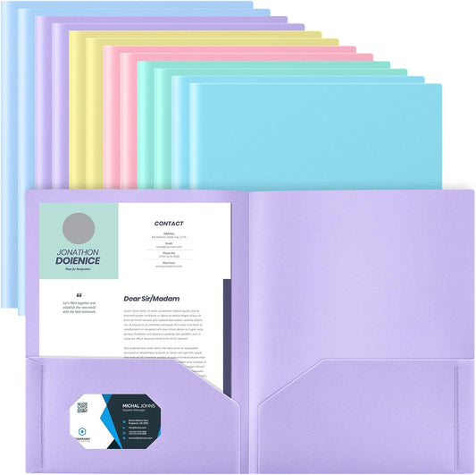 Gueevin 12 Pcs Plastic Folders with Pockets, Back to School Two Pocket Folder Fit Letter Size, Heavy Duty School Business Card Holder for Home Office, 11. 61 x 9. 45 Inches (Pastel)