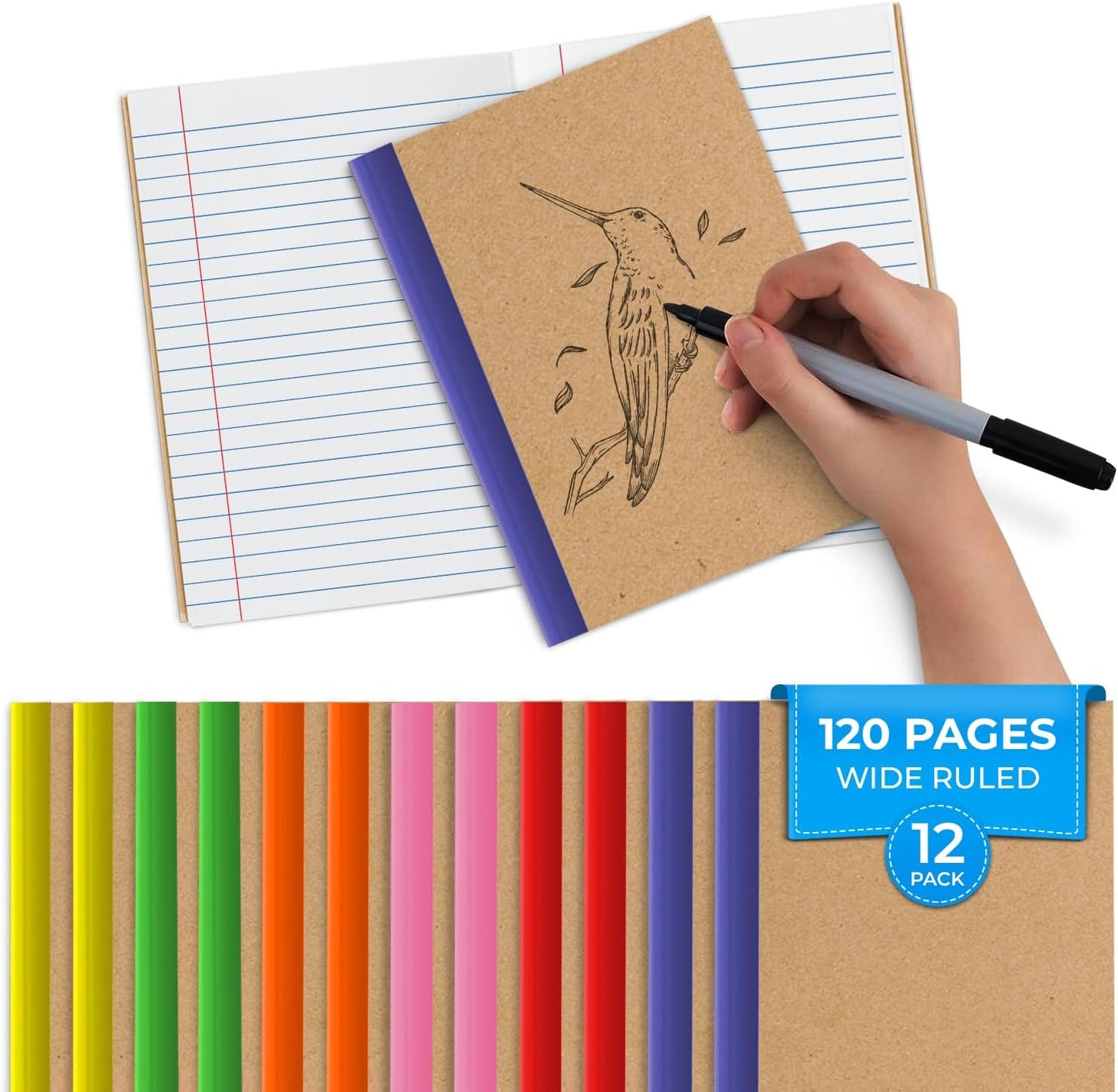 12 Pack Kraft Journals Bulk, 8 x 5.7, Extra Pages - 120 Pages (60 Sheets), Wide Ruled, No Bleed Thick Paper, Small Composition Notebook for School, Lined Kraft Travel Notebook, Rainbow Spines